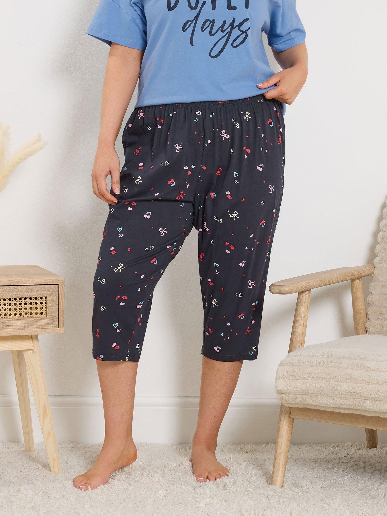Image 1 of 5 of Yours Curve Cherry Bows Crop Pyjama Pants - Blue
