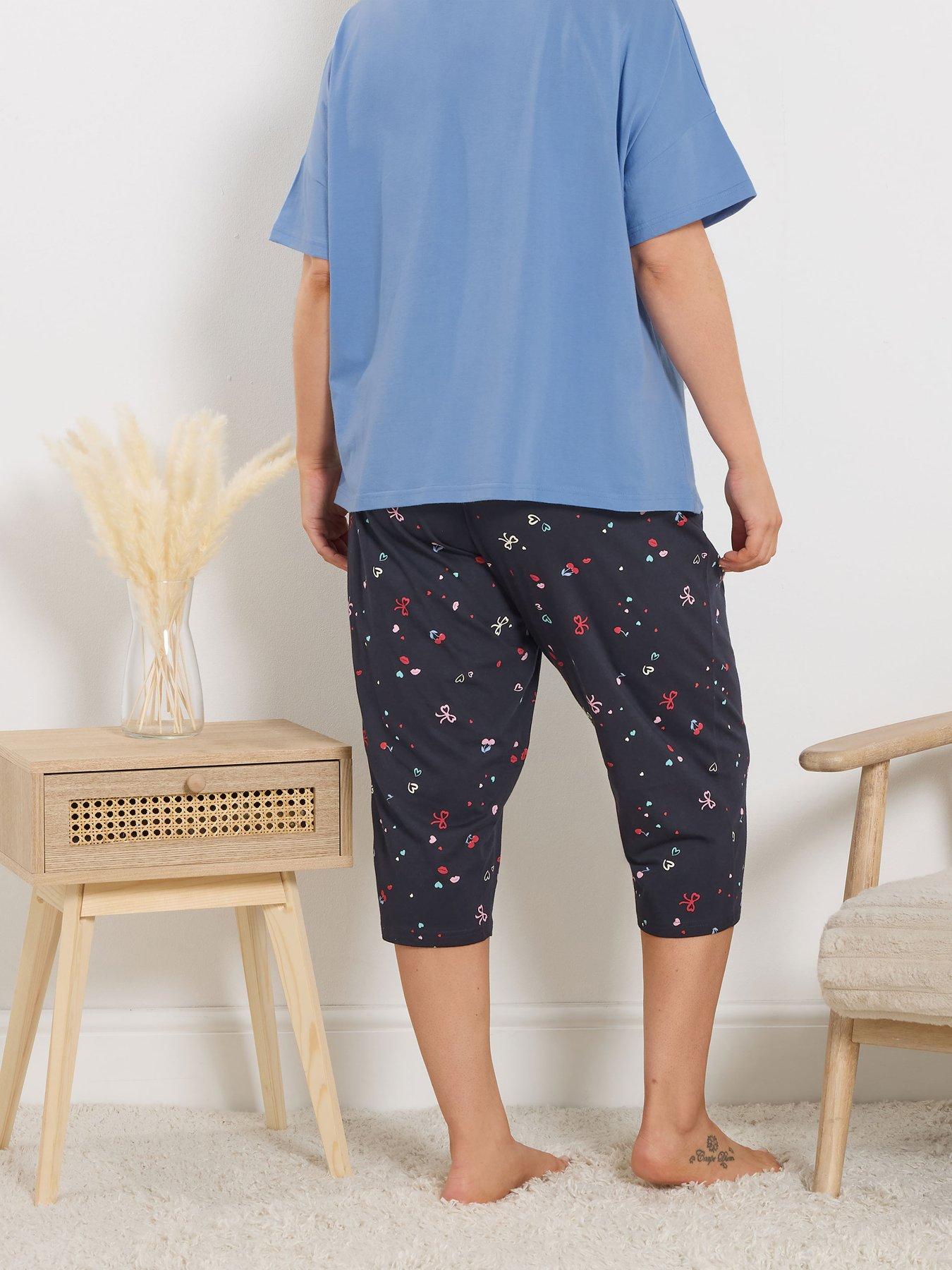 Image 2 of 5 of Yours Curve Cherry Bows Crop Pyjama Pants - Blue