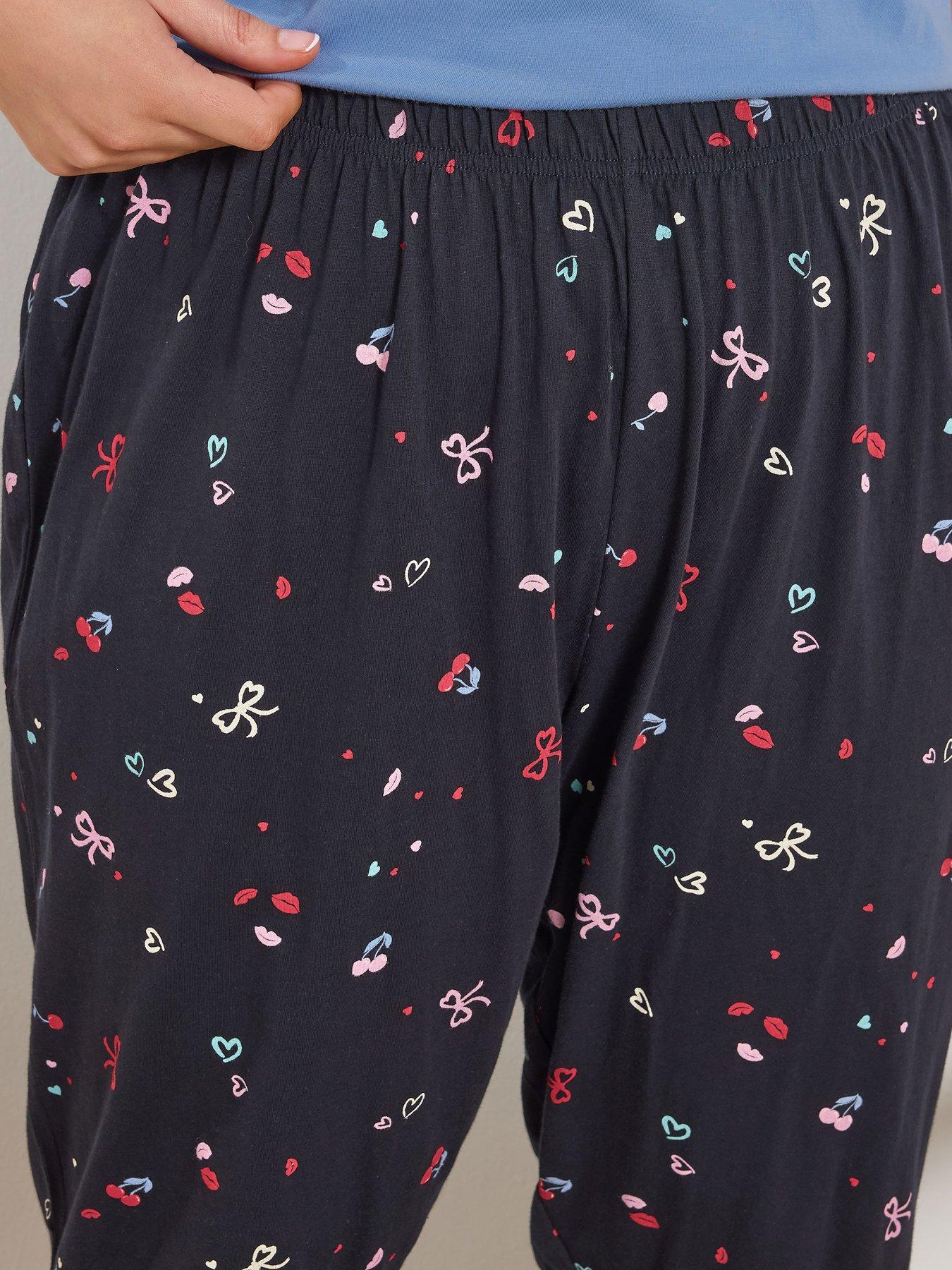 Image 4 of 5 of Yours Curve Cherry Bows Crop Pyjama Pants - Blue