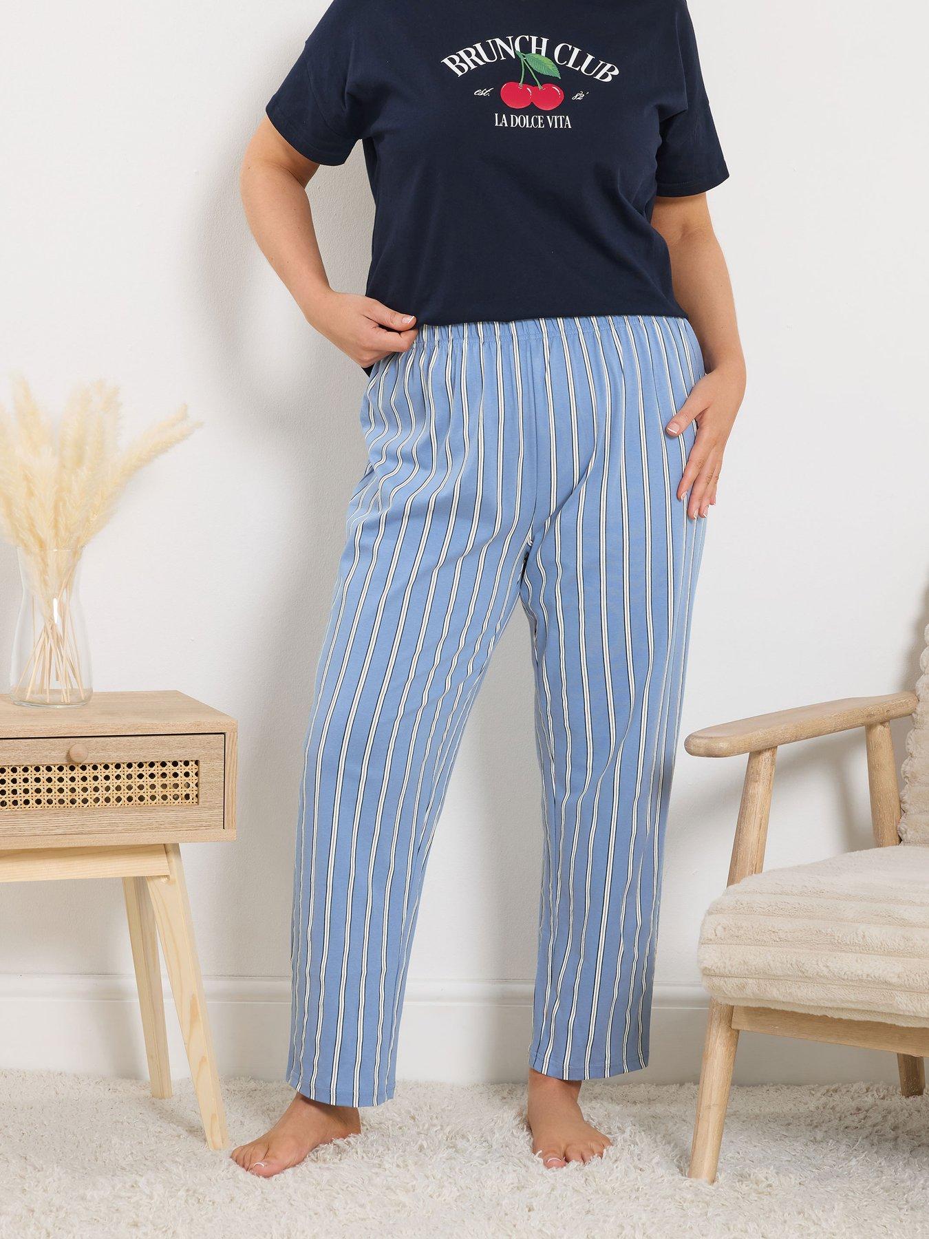 Image 1 of 5 of Yours Curve Stripe Wide Leg Pyjama Pant - Blue