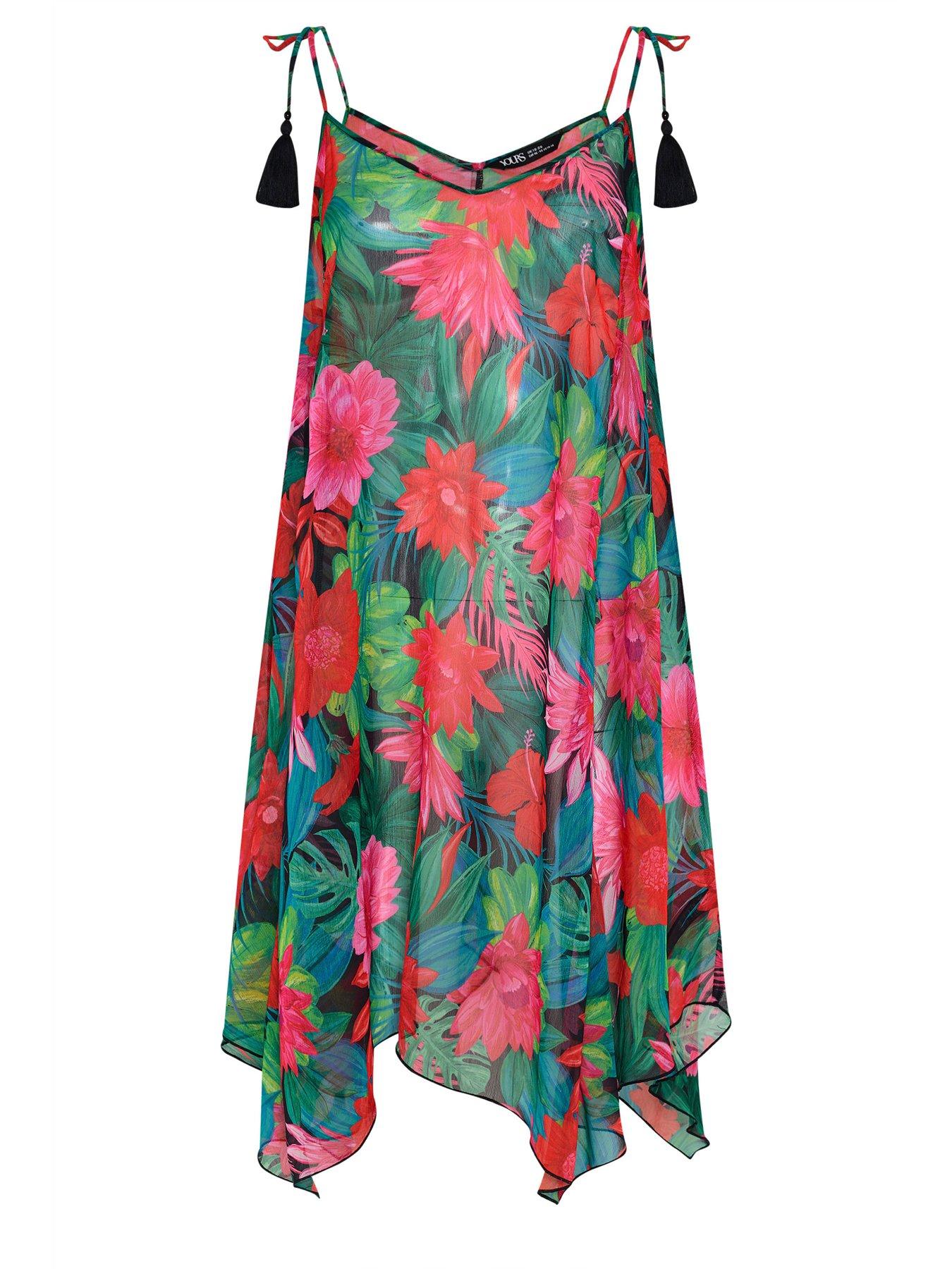 Yours Curve Chiffon Hanky Hem Dress - Red/Green | Very