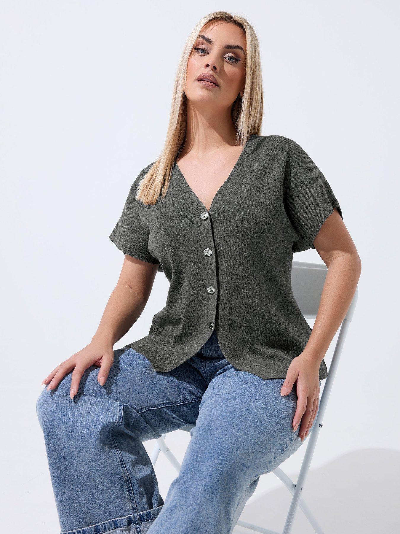 Yours Curve Double Button Knit Top - Grey