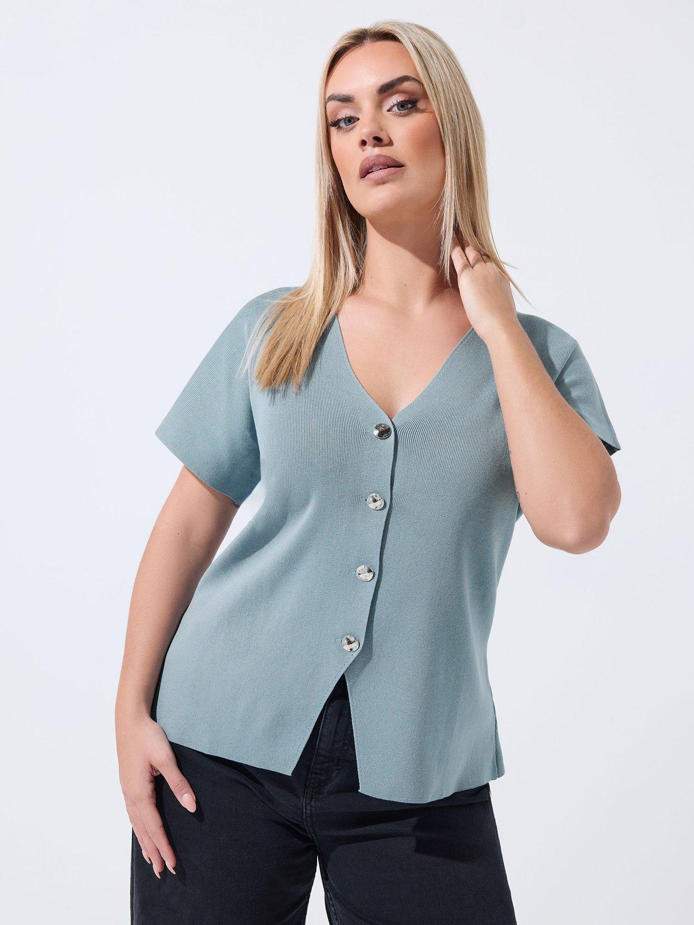 Yours Curve Double Button Knit Top - Blue