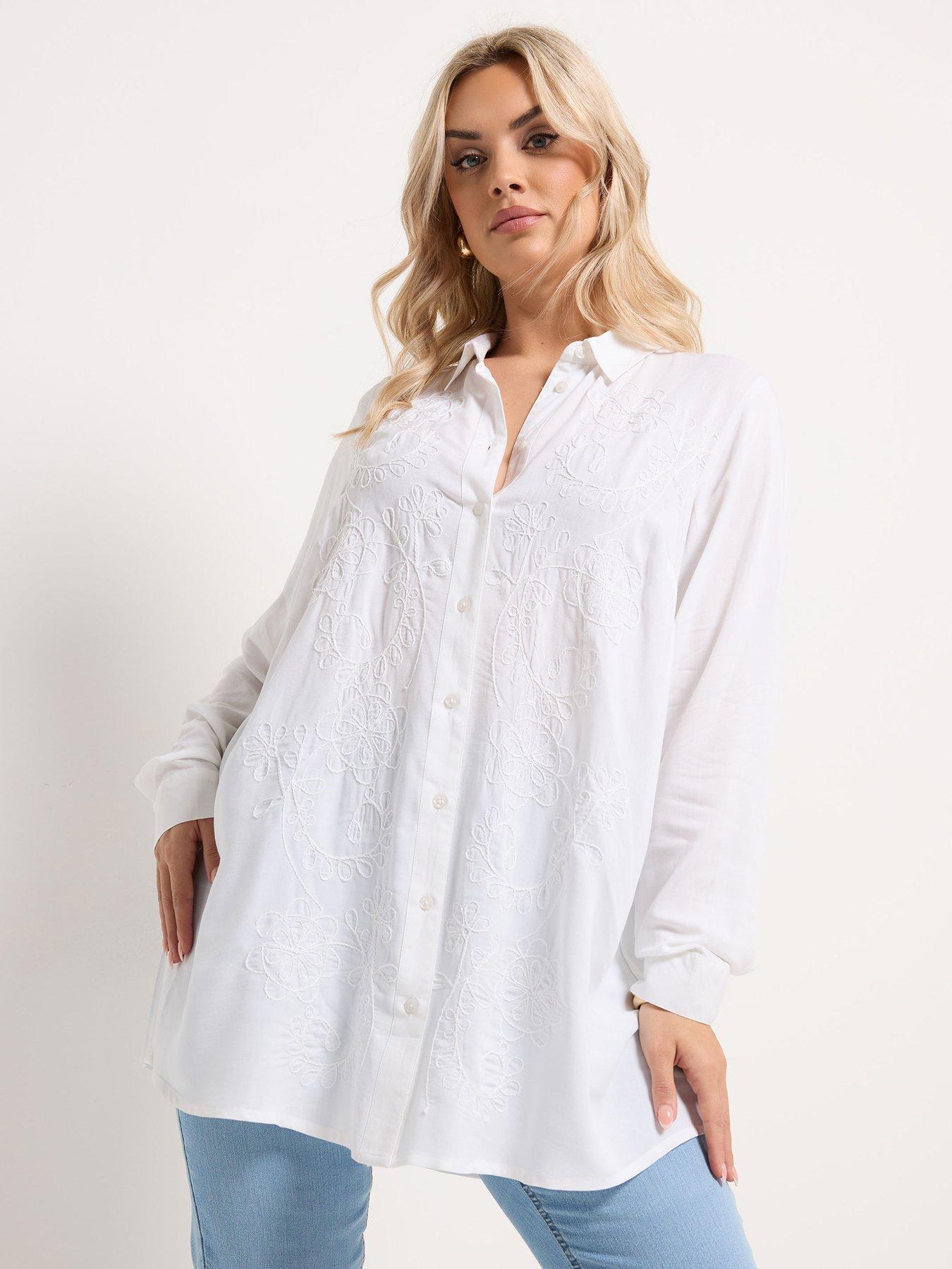 Image 1 of 5 of Yours Curve Embroidered Long Sleeve Shirt - White