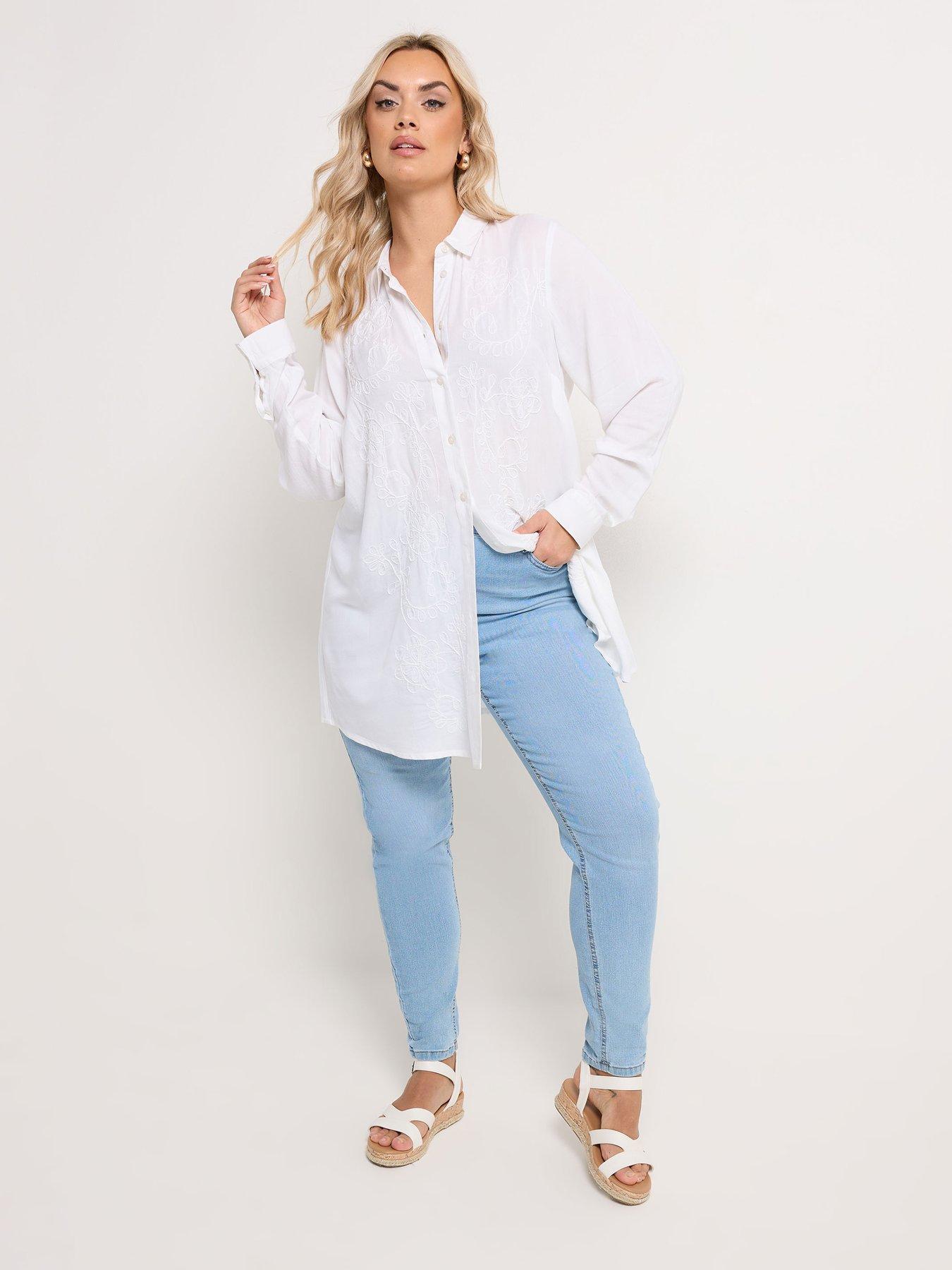 Image 3 of 5 of Yours Curve Embroidered Long Sleeve Shirt - White