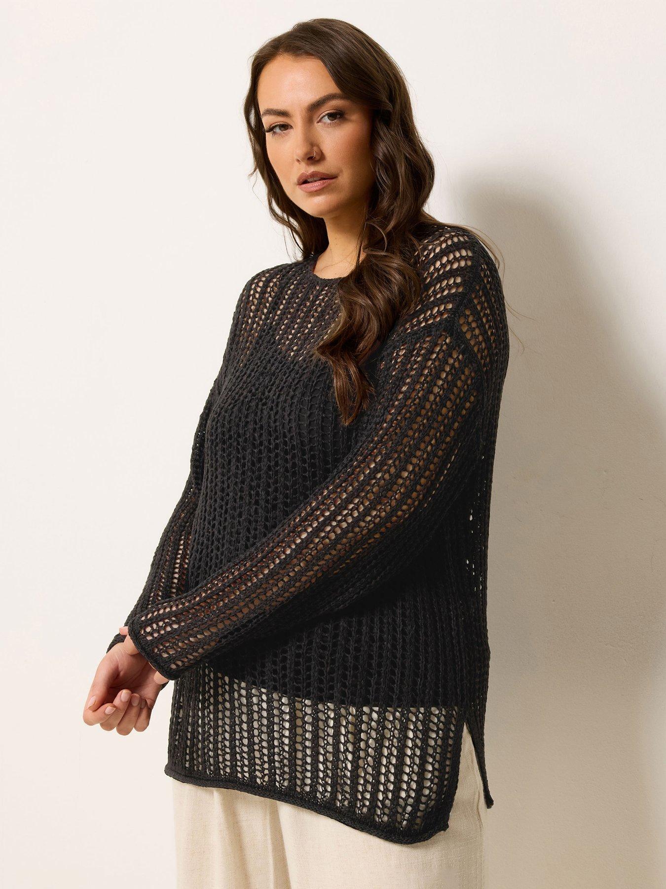 Yours Curve Tape Yarn Open Stitch Jumper - Black