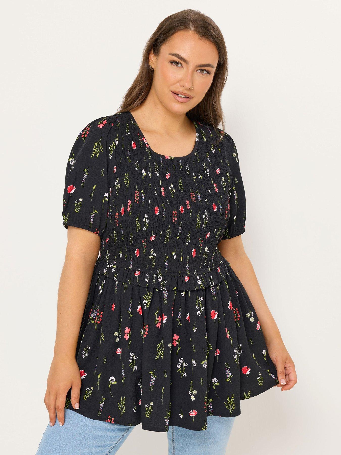 Yours Curve Textured Shirred Peplum Top - Black