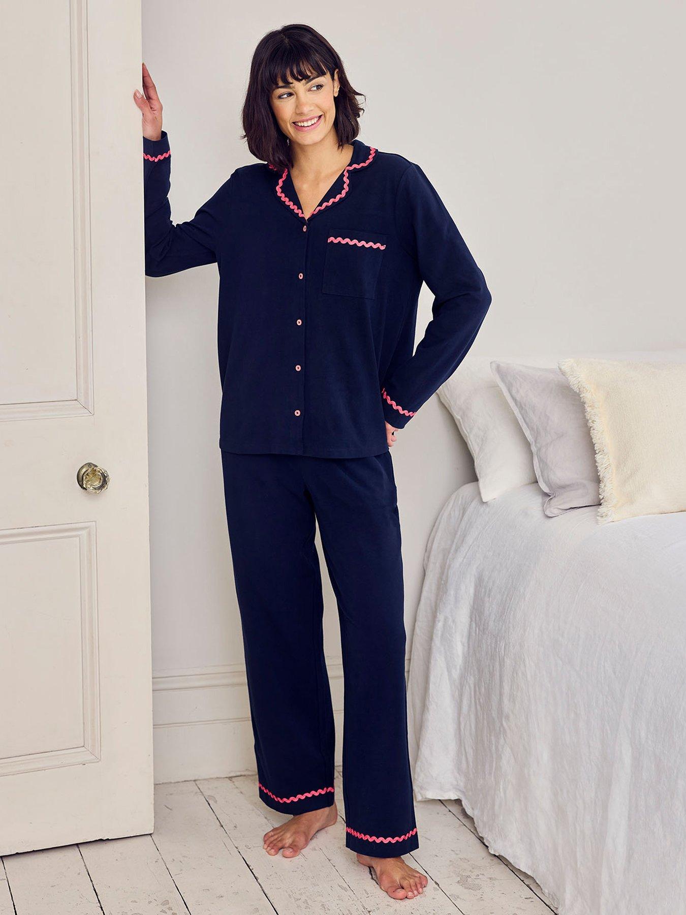 CHELSEA PEERS Organic Cotton Embroidered Back Good Morning Long Pyjama Set - Navy