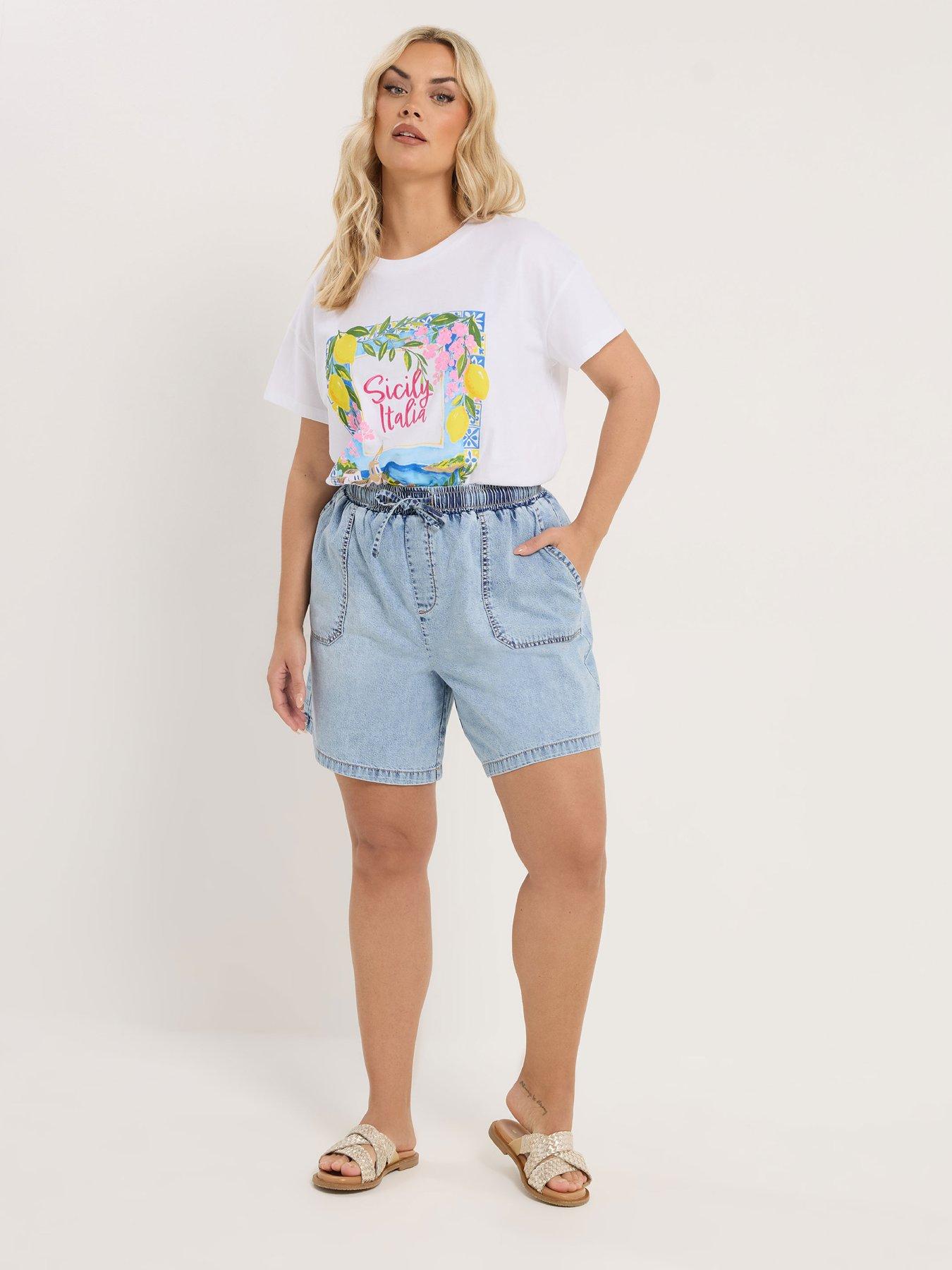 Image 3 of 5 of Yours Curve Tie Waist Denim Shorts - Blue