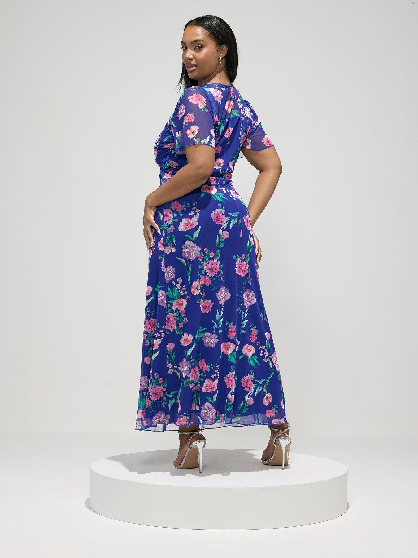 Image 2 of 5 of Yours Curve Floral Square Neck Mesh Maxi Dress - Blue