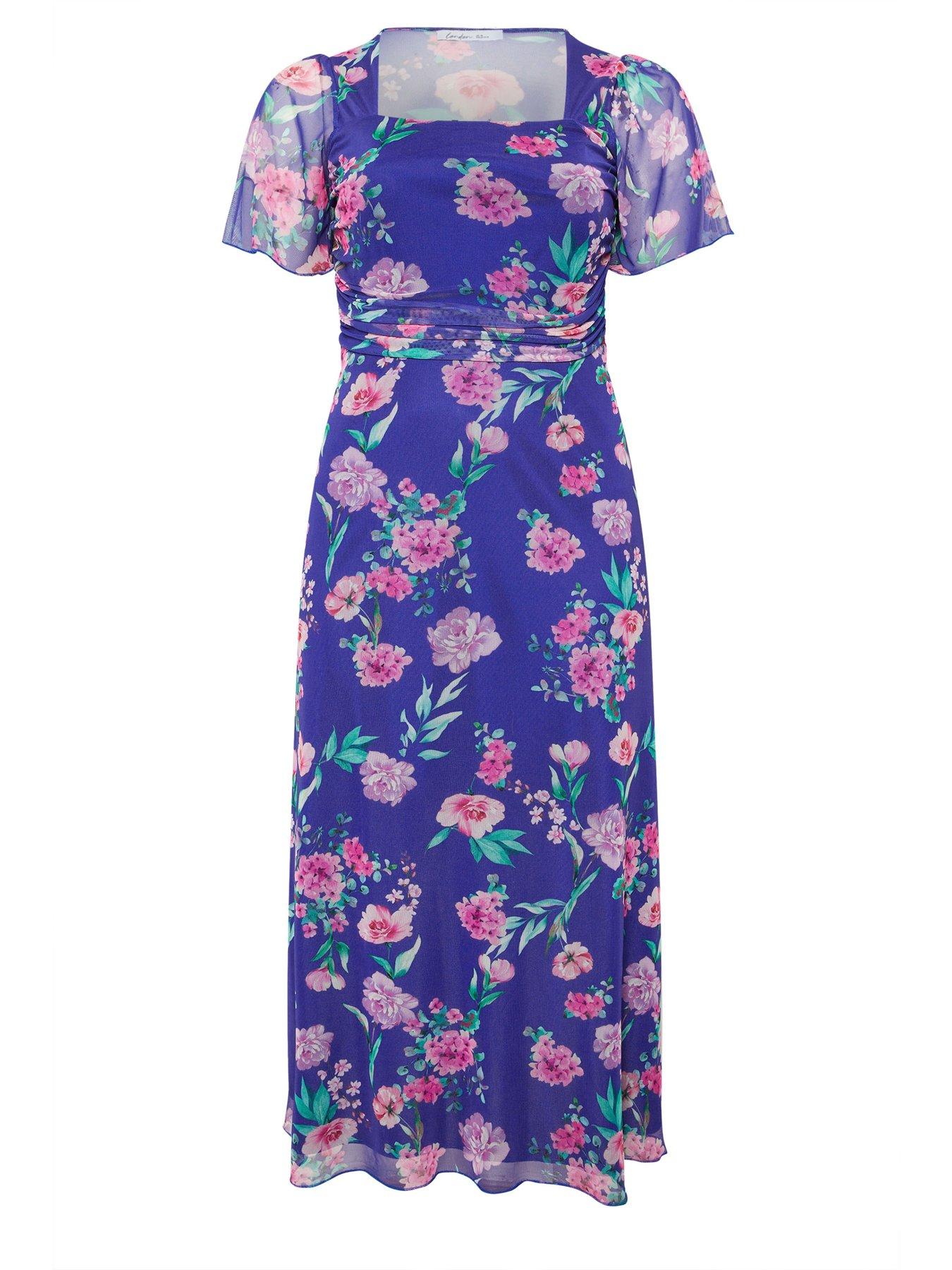 Image 5 of 5 of Yours Curve Floral Square Neck Mesh Maxi Dress - Blue