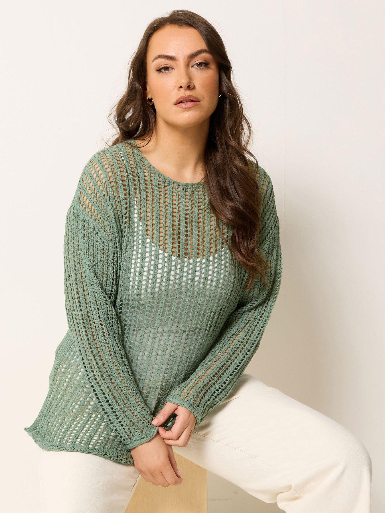 Yours Curve Tape Yarn Open Stitch Jumper - Green
