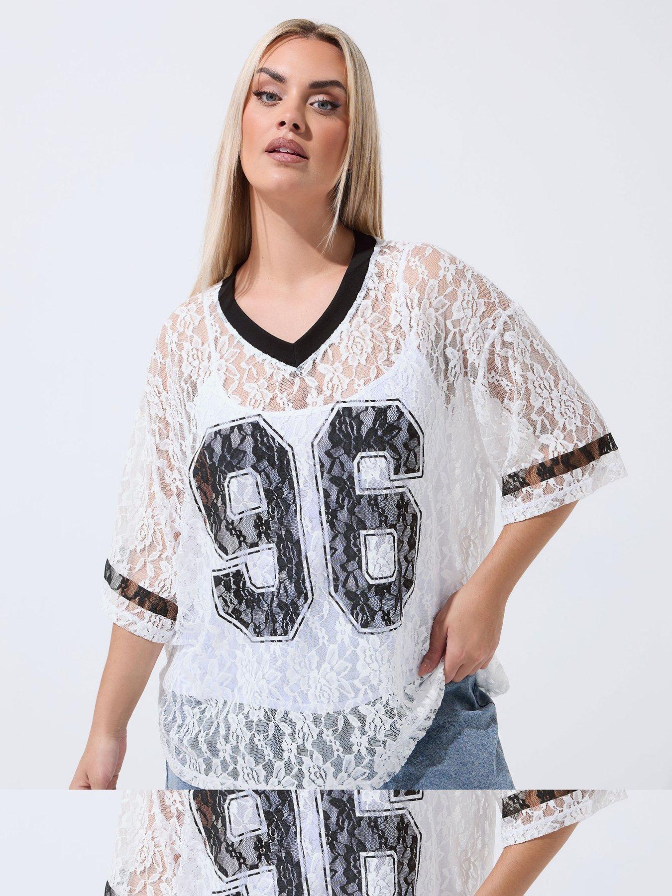Image 1 of 5 of Yours Curve Lace Printed V-Neck Top - White