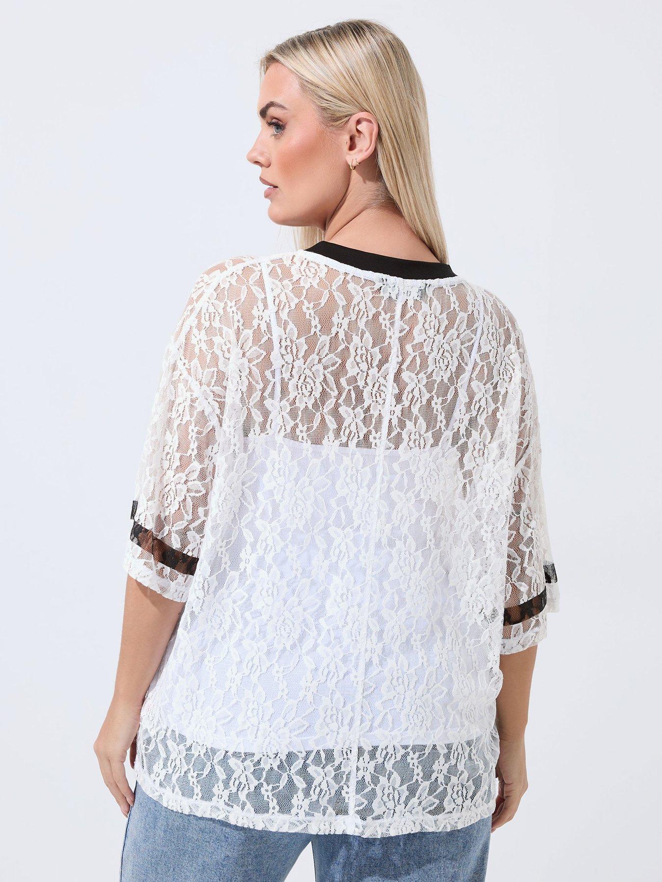 Image 2 of 5 of Yours Curve Lace Printed V-Neck Top - White