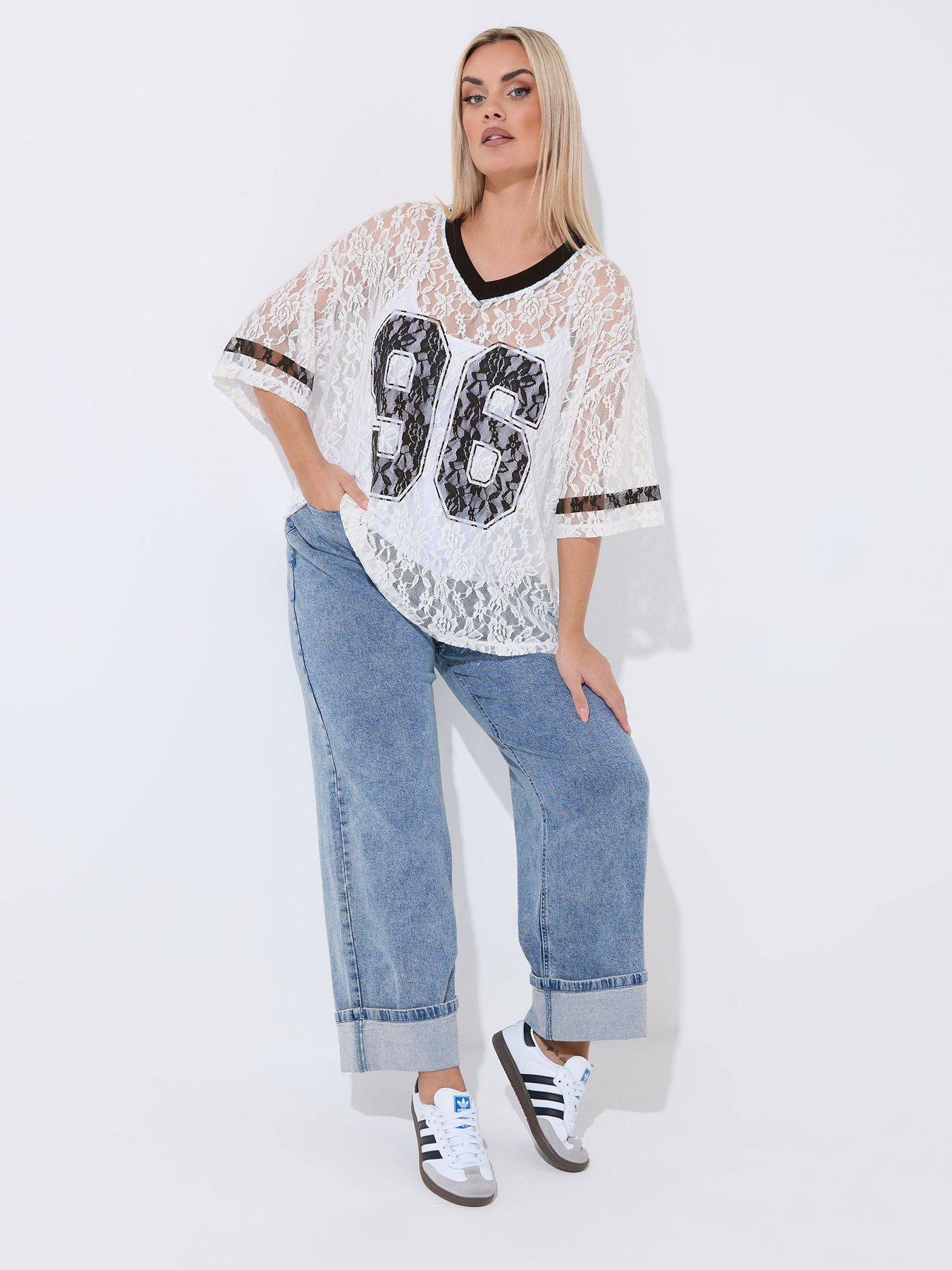 Image 3 of 5 of Yours Curve Lace Printed V-Neck Top - White