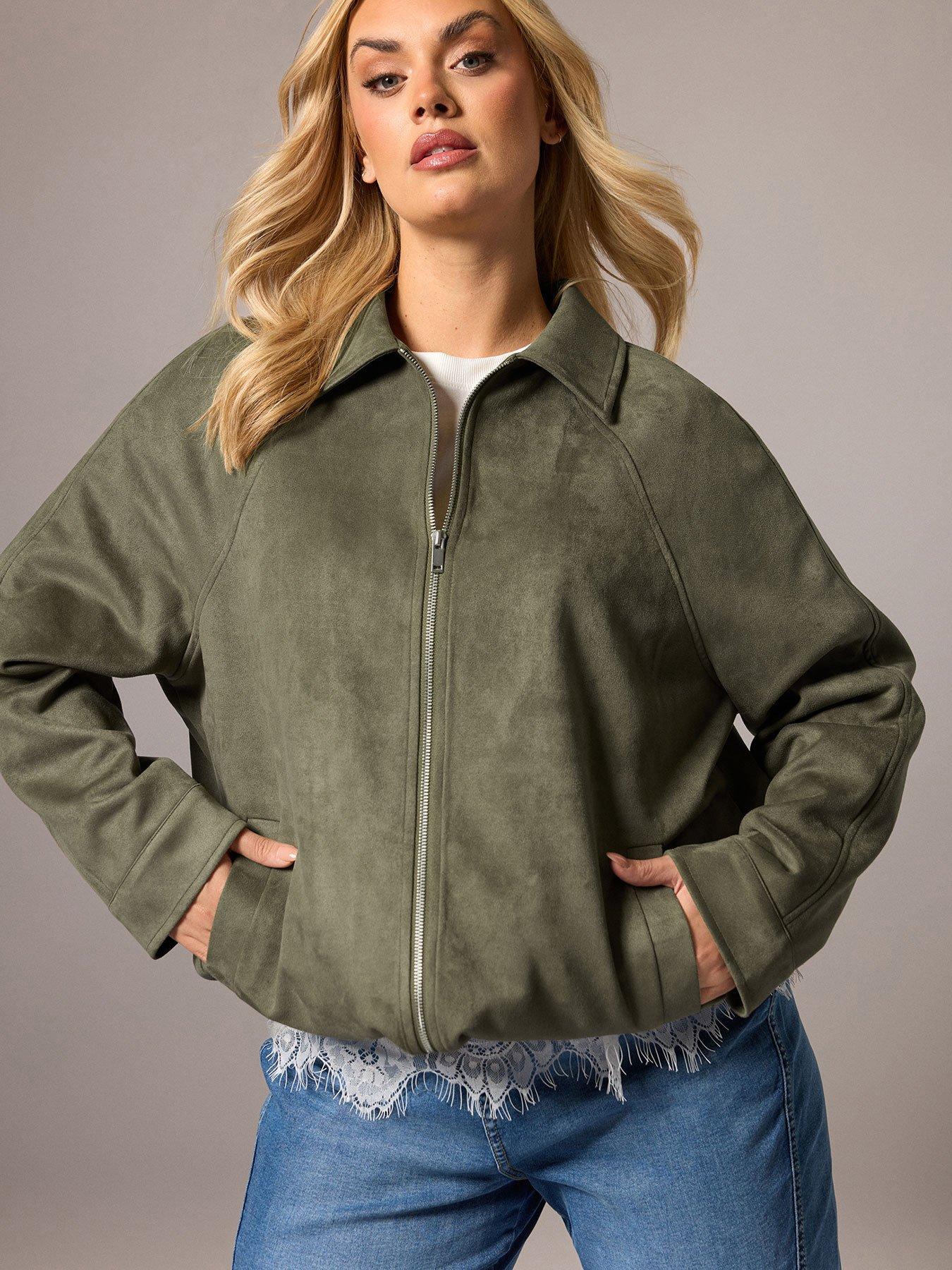 Yours Curve Faux Suede Bomber Jacket - Green