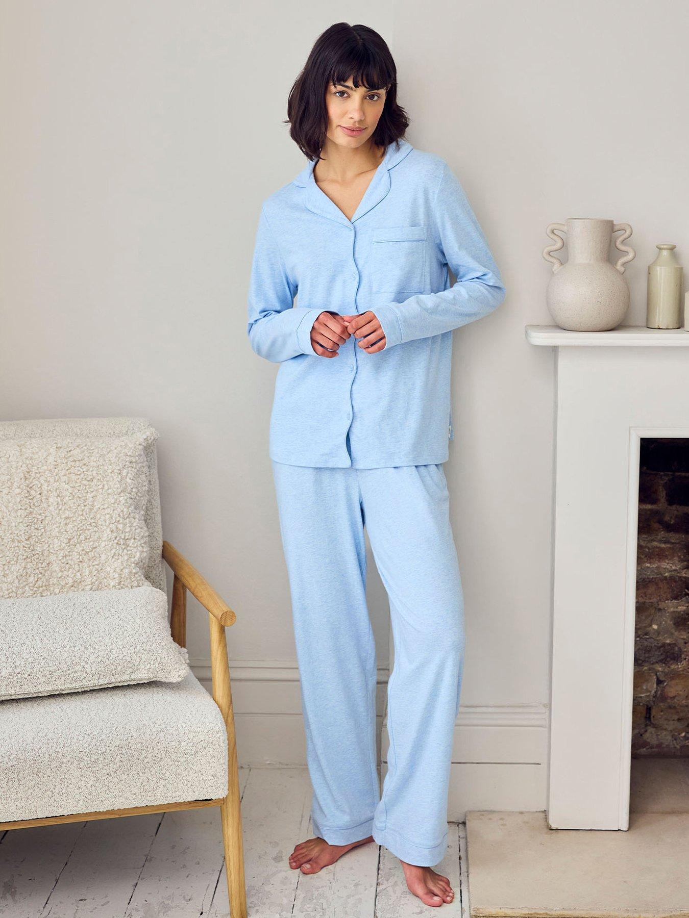 CHELSEA PEERS Cotton Scallop Edge Long Pyjama Set - Blue
