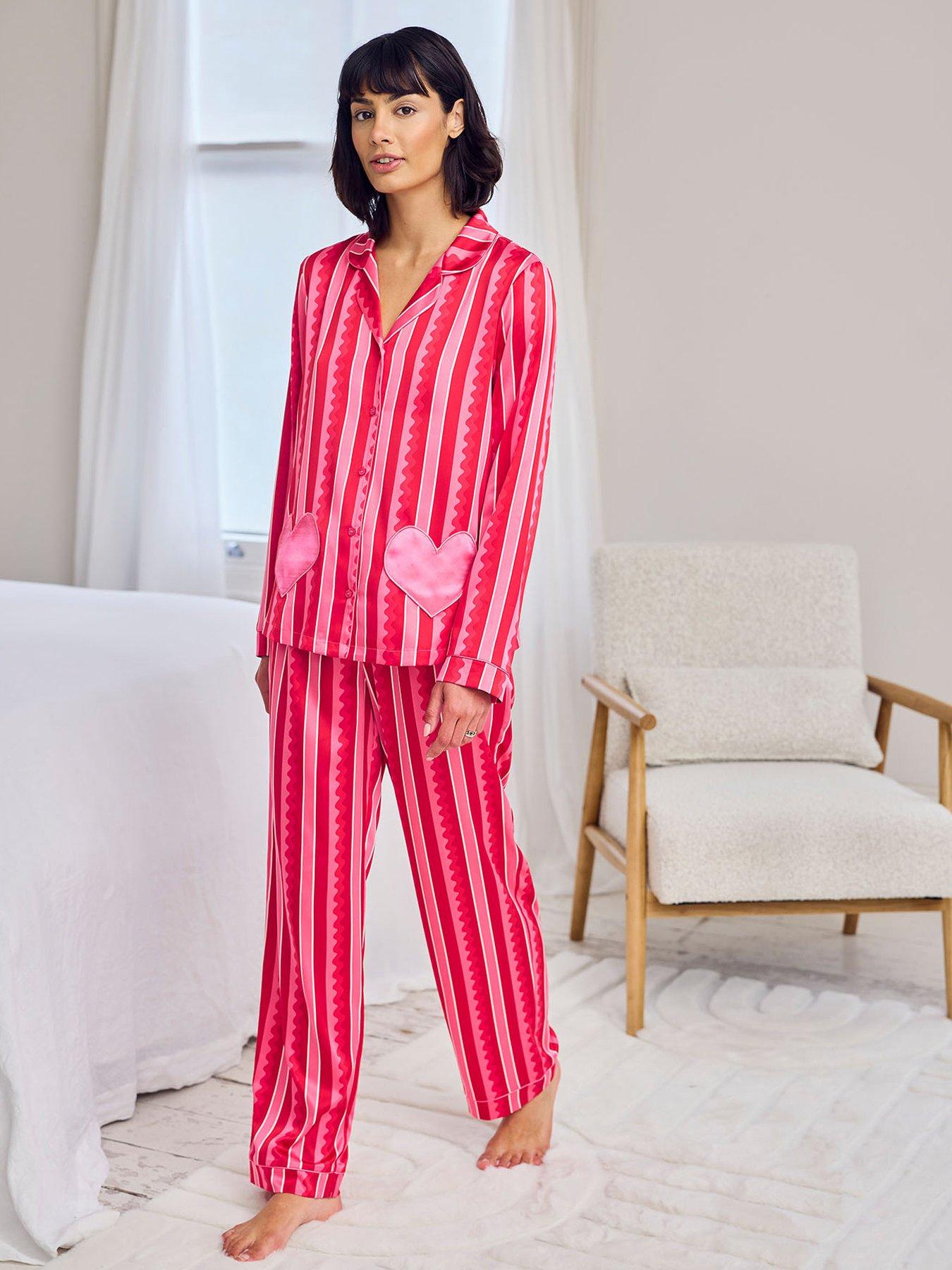 CHELSEA PEERS Satin Heart Pocket Striped Long Pyjama Set - Pink
