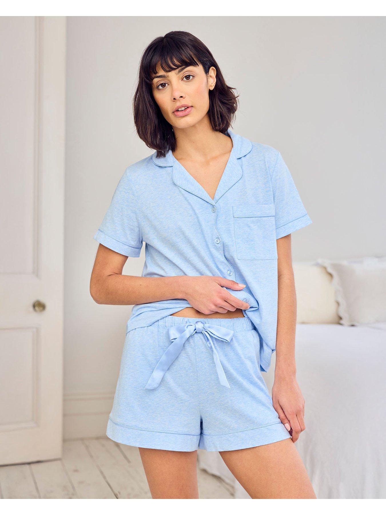 CHELSEA PEERS Cotton Scallop Edge Short Pyjama Set, Blue, Size 10, Women