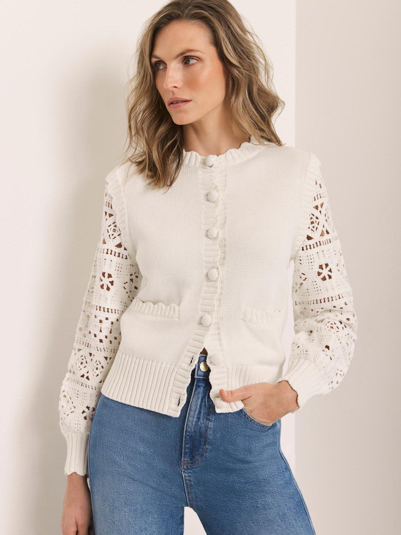 Mint Velvet Ivory Crochet Sleeve Cardigan - White