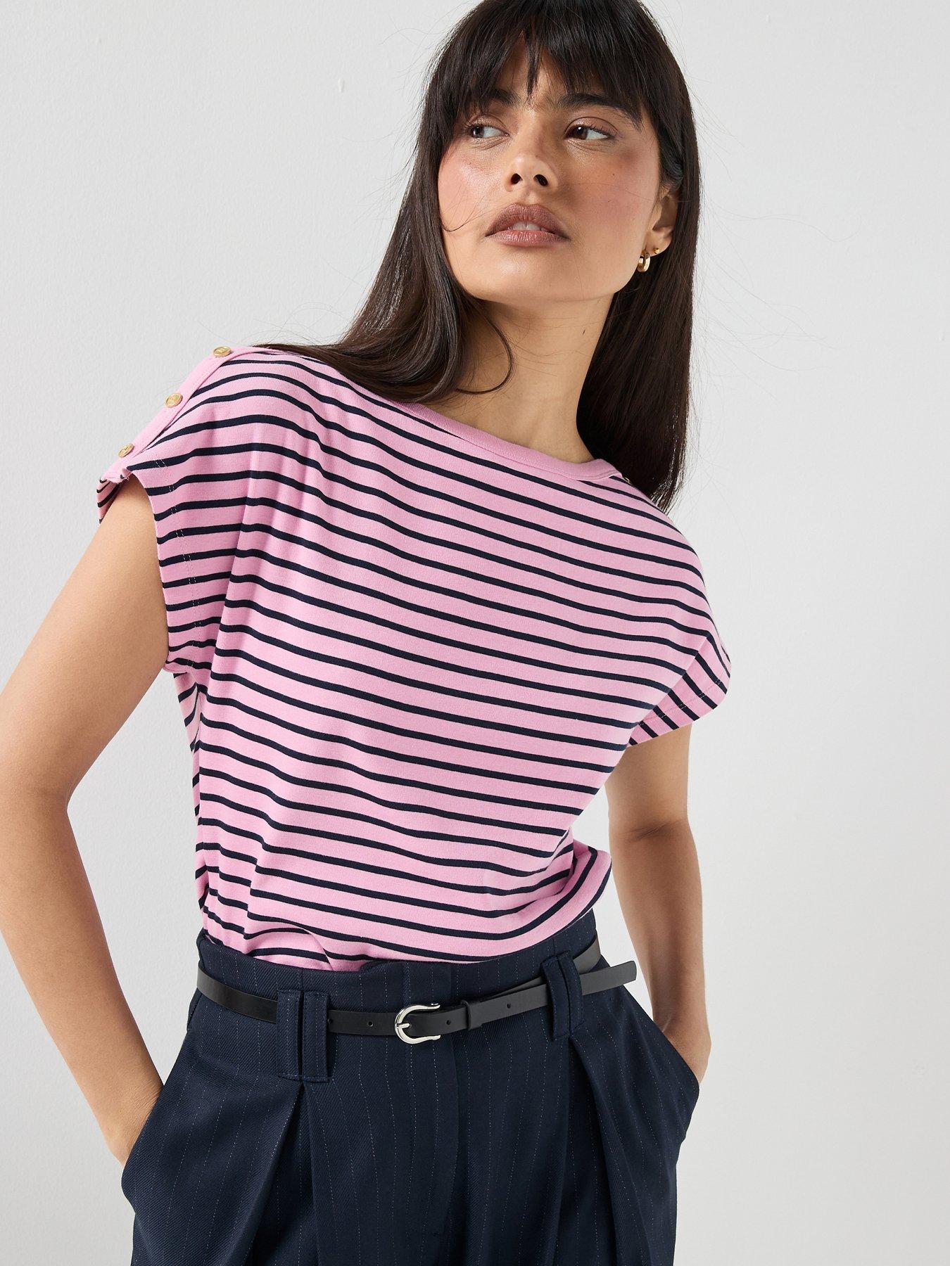 Tommy Hilfiger Cap Sleeve Striped T-Shirt, Pink, Size Xl, Women