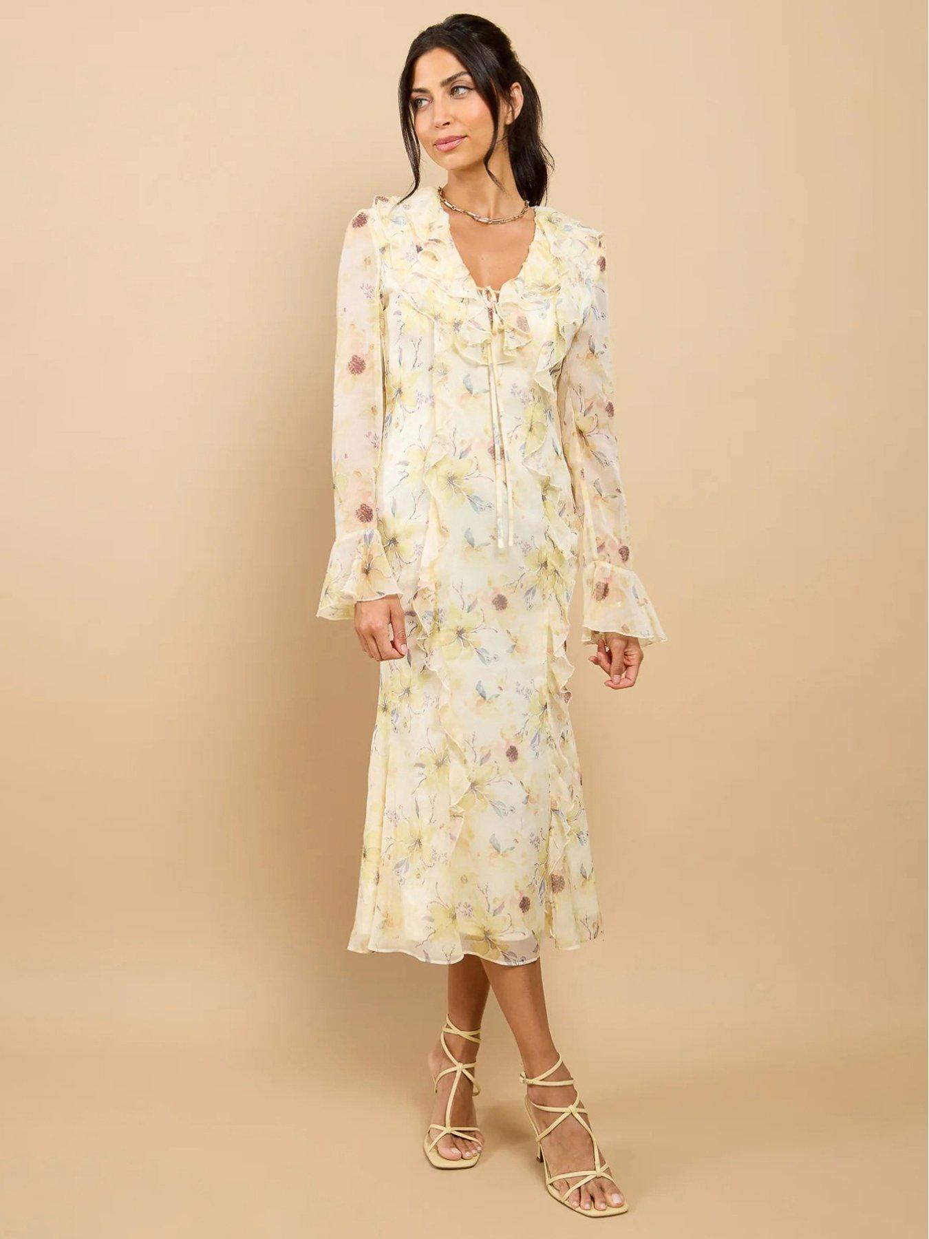 Little Mistress Floral Print Frill Midaxi Dress - Yellow | Very