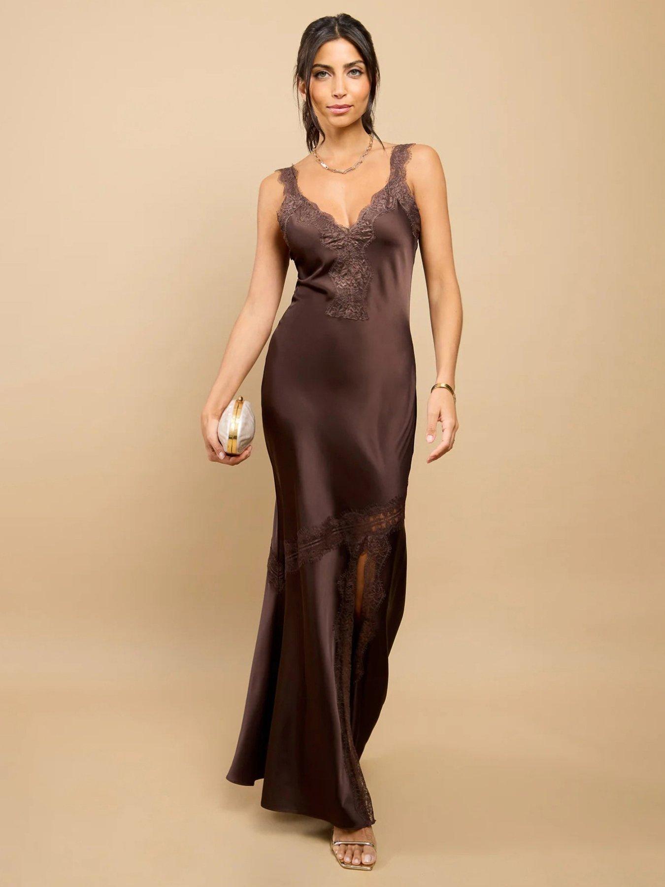 Little Mistress Satin Lace Detail Maxi Dress - Brown