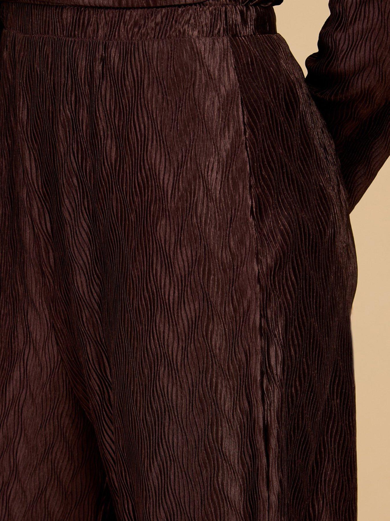 Image 4 of 5 of Little Mistress Brown Plisse Wide Leg Co-ord Trousers