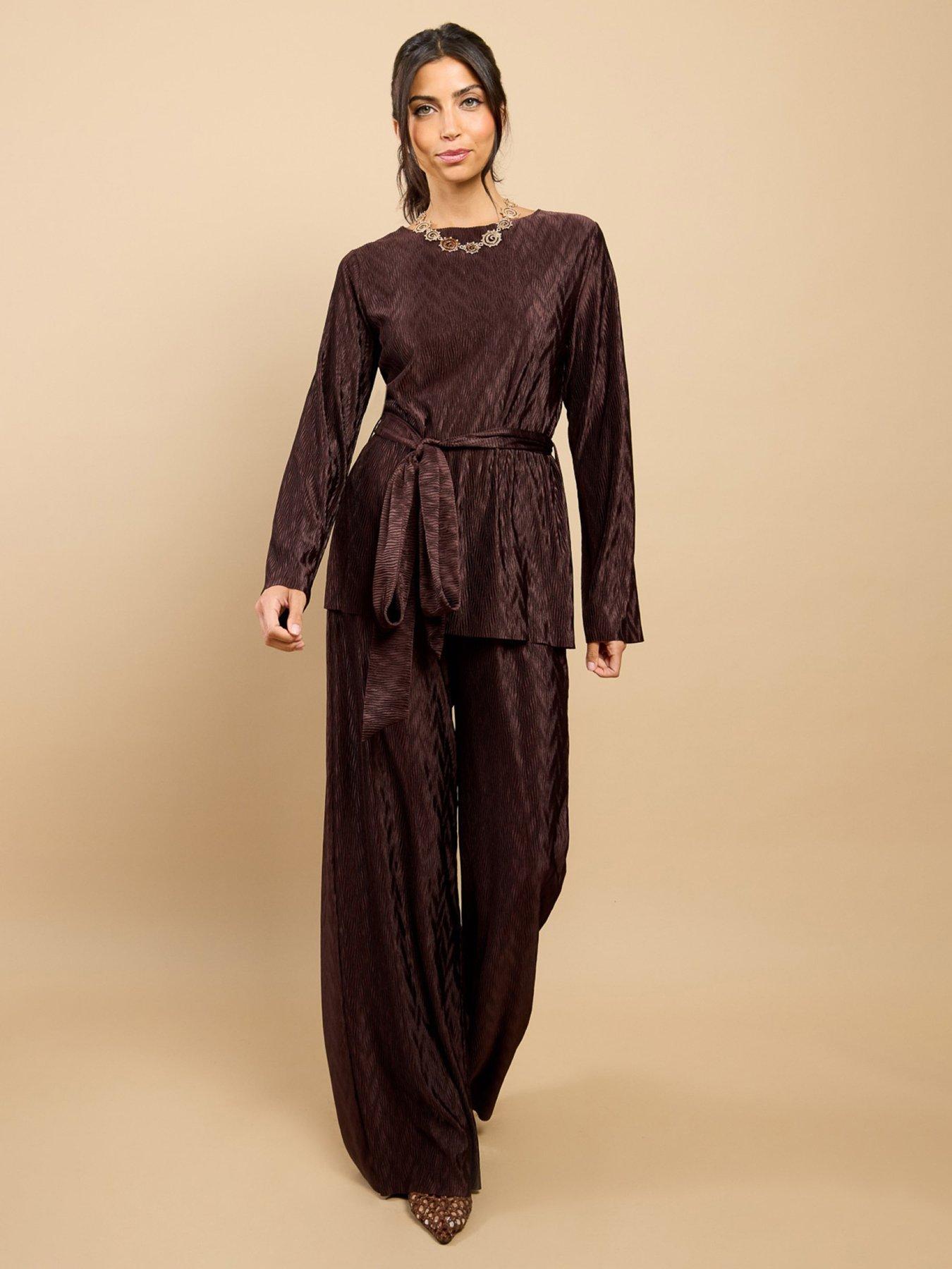 Image 5 of 5 of Little Mistress Brown Plisse Wide Leg Co-ord Trousers