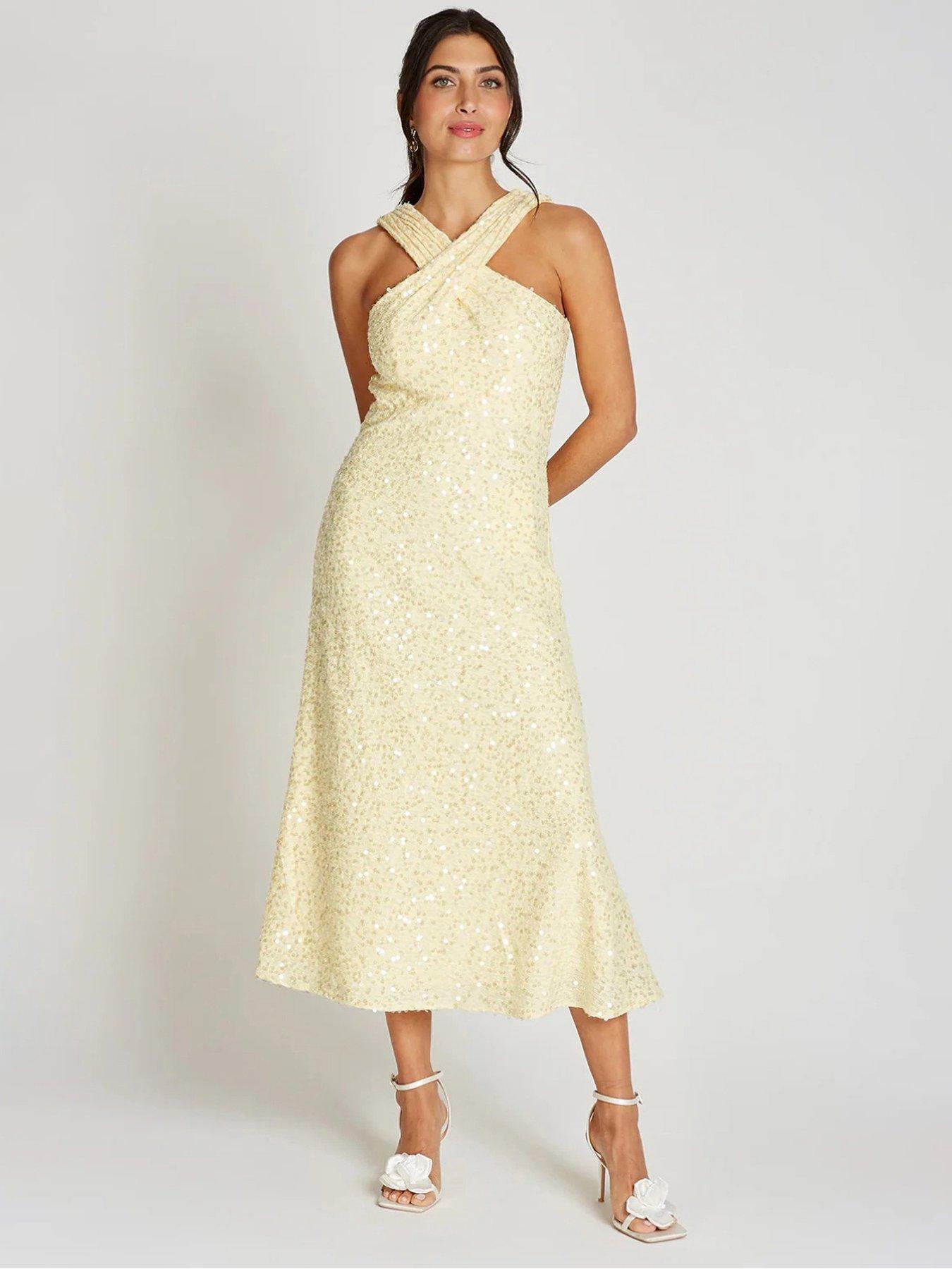 Little Mistress Sequin Waffle Cross Neck Midaxi Dress - Yellow