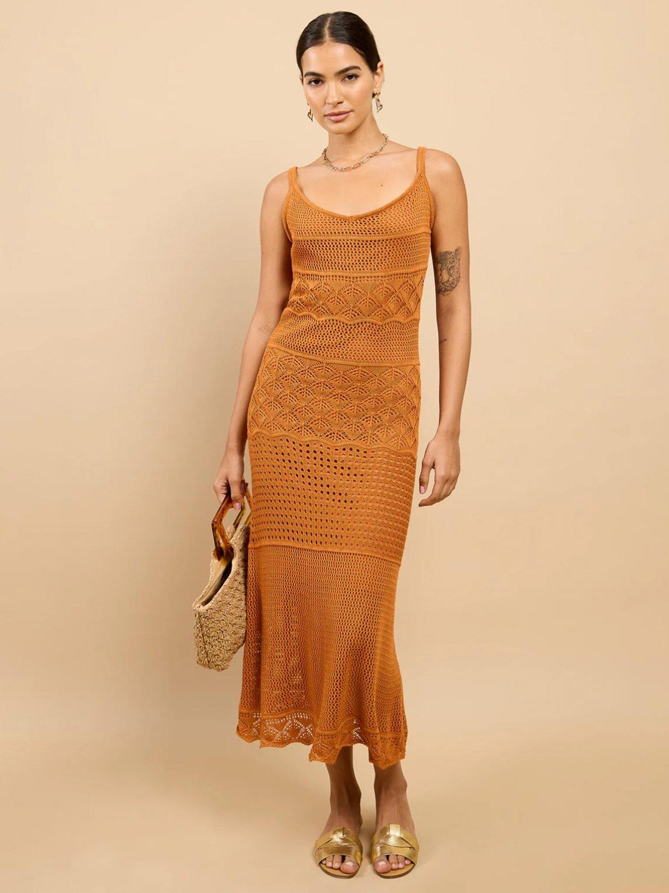 Image 1 of 4 of Little Mistress Brown Crochet Midaxi Dress