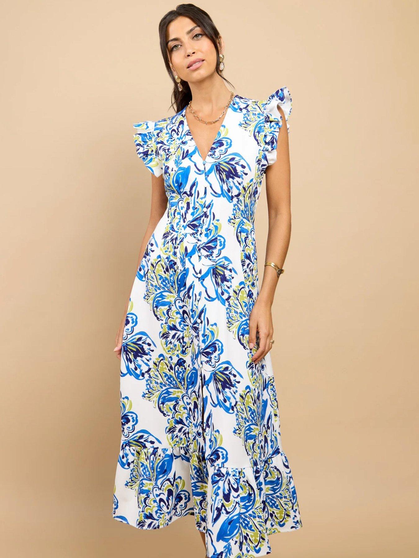 Image 3 of 4 of Little Mistress Blue Floral Print Button Down Midaxi Dress