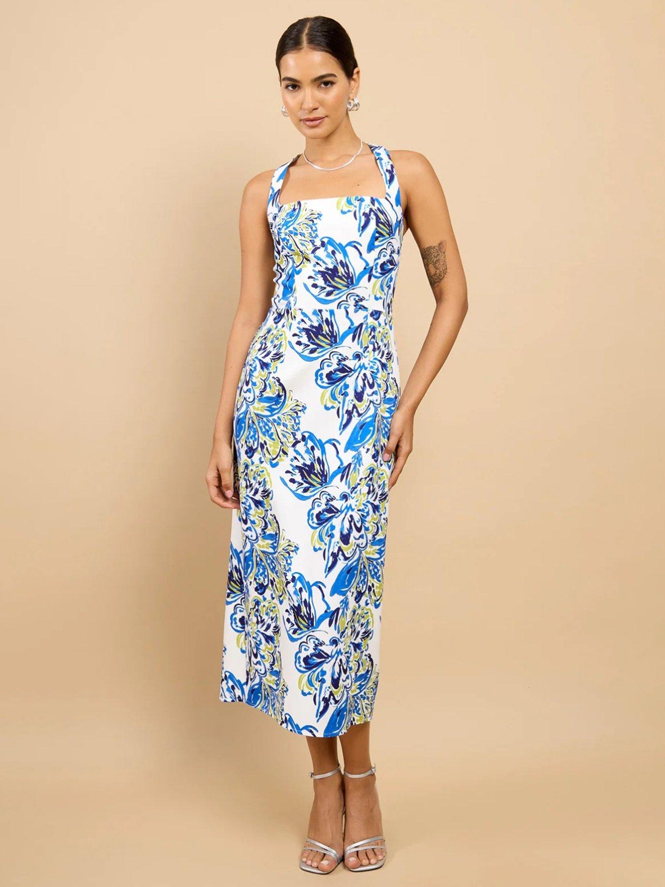 Little Mistress Blue Floral Print Halterneck Midaxi Dress