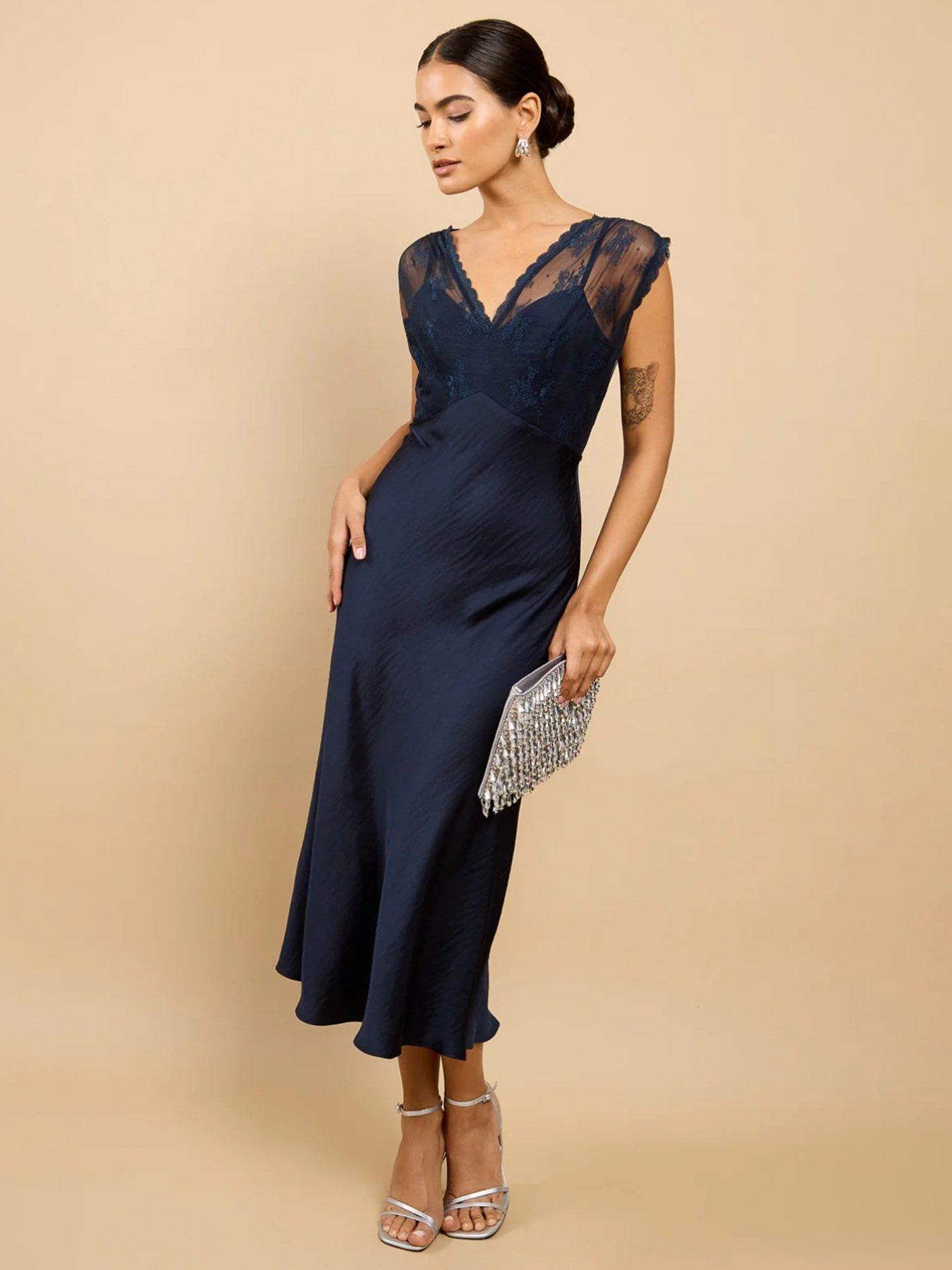 Little Mistress Satin Lace Detail Midaxi Dress - Navy