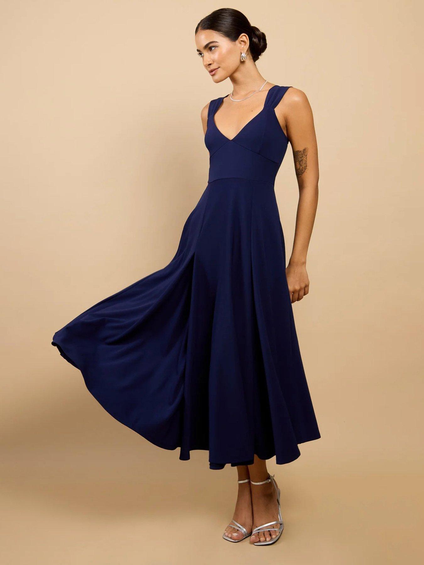 Little Mistress Gathered Strap Midaxi Dress - Navy