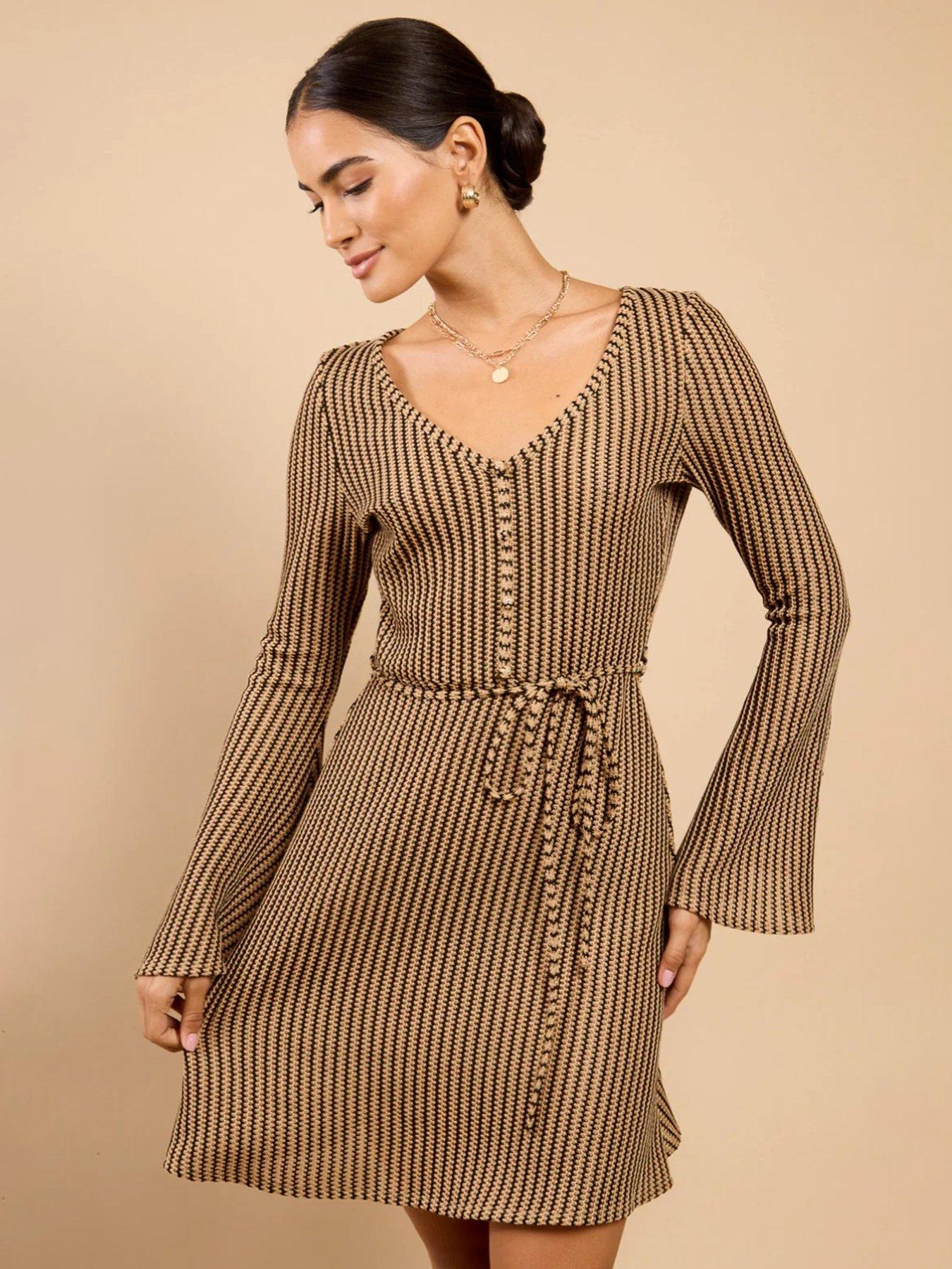 Image 3 of 5 of Little Mistress Brown Stripe Knit Mini Dress