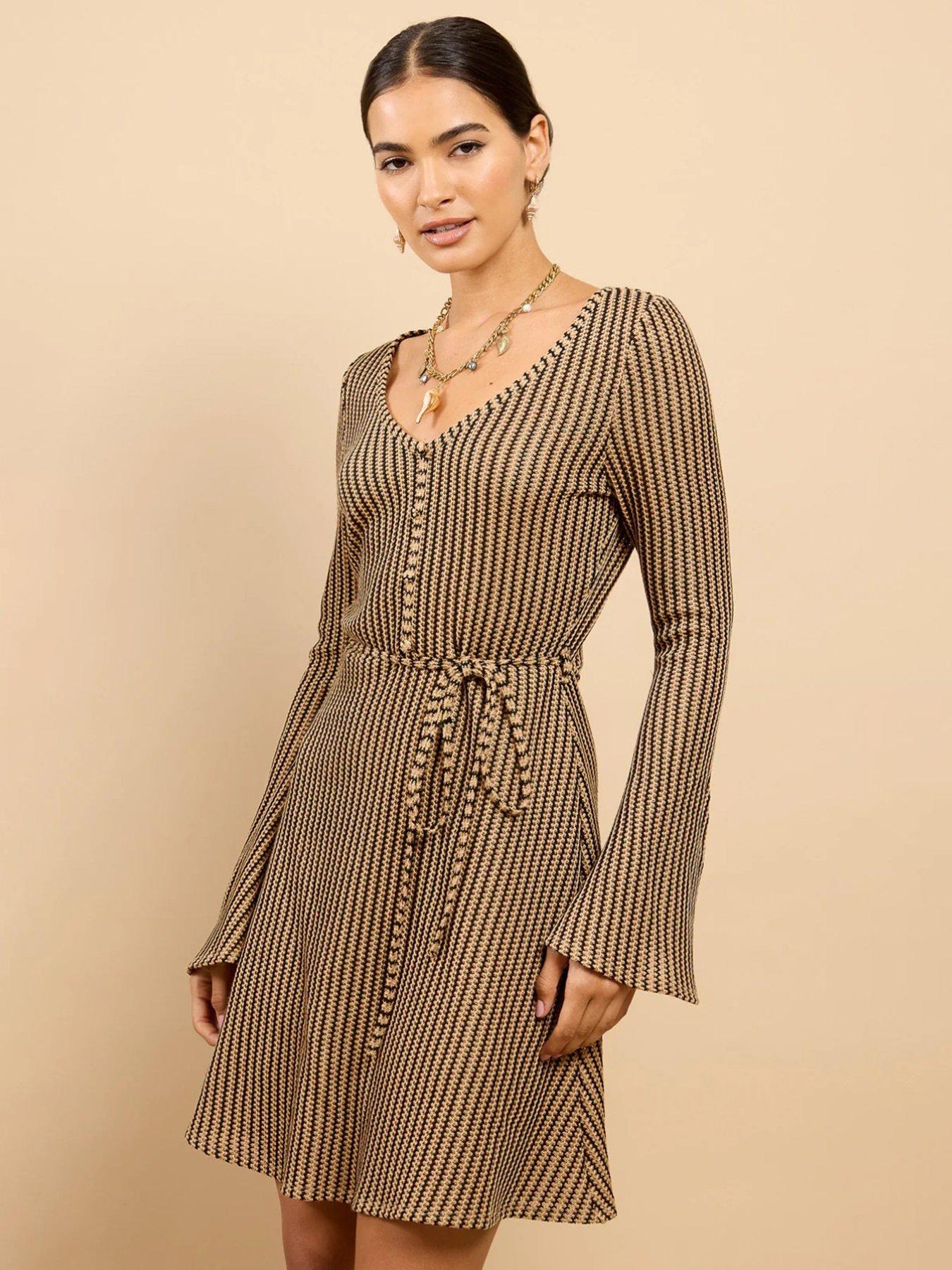 Image 5 of 5 of Little Mistress Brown Stripe Knit Mini Dress