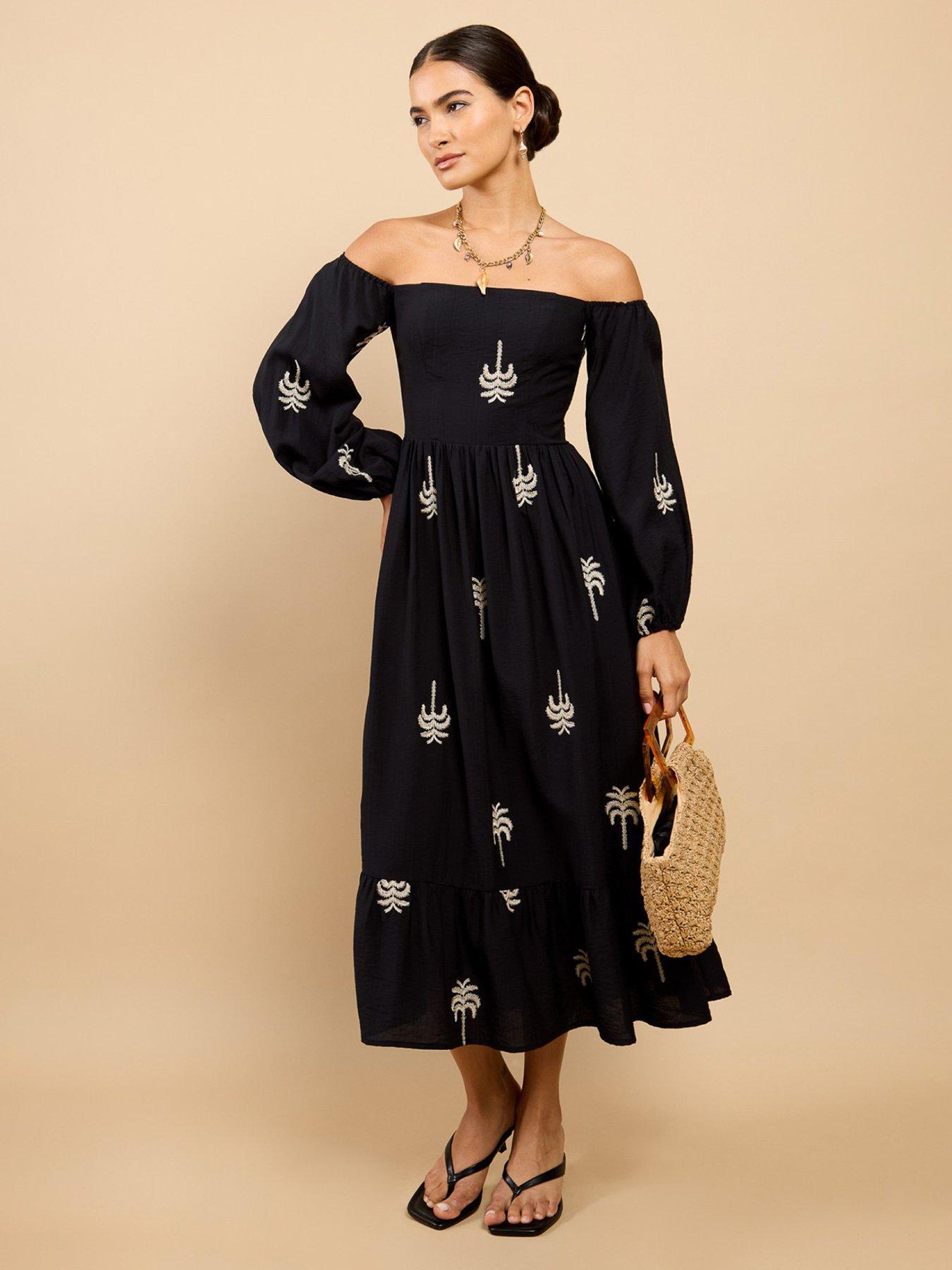 Image 1 of 4 of Little Mistress Embroidered Bardot Midaxi Dress - Black