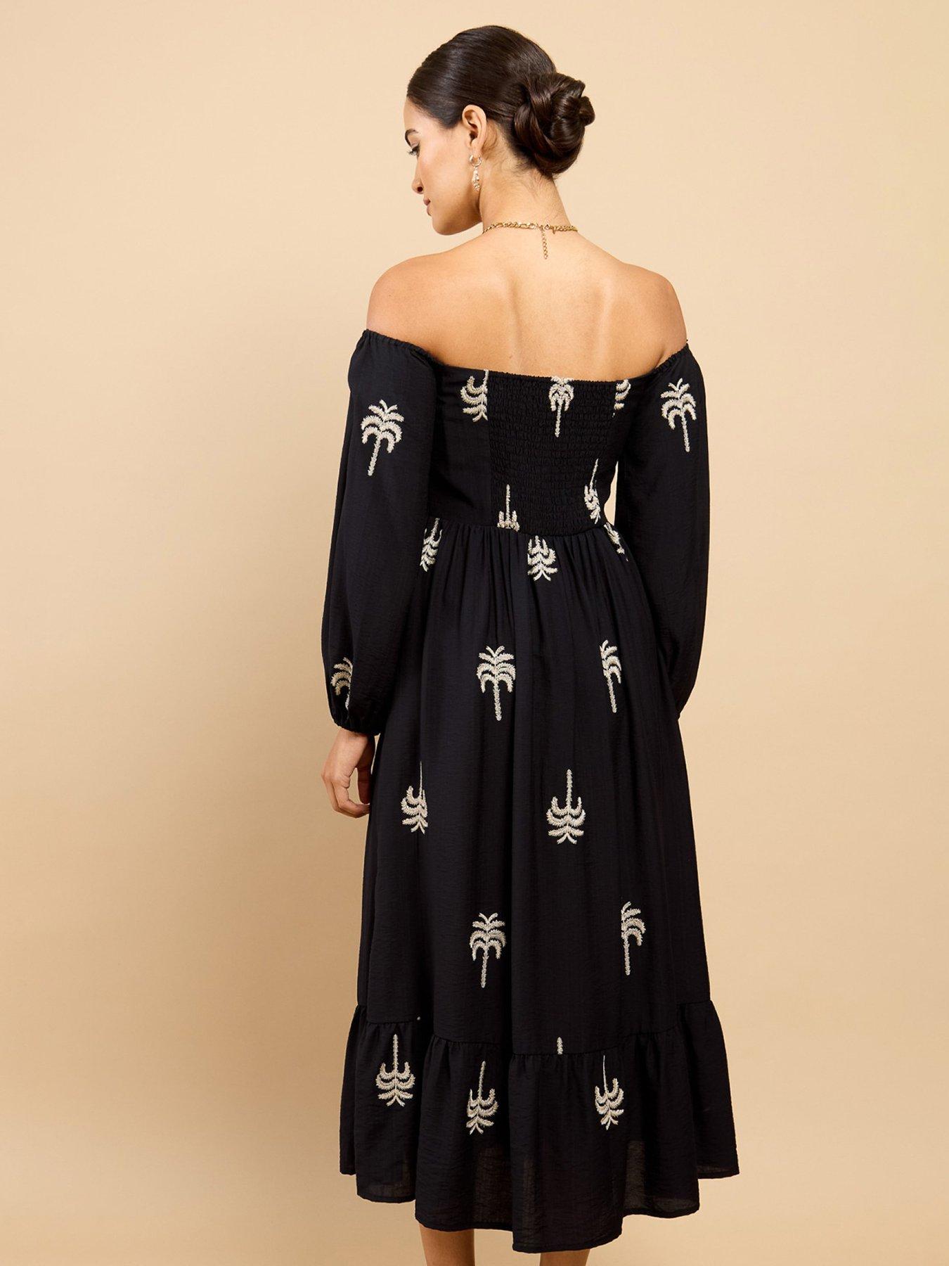 Image 2 of 4 of Little Mistress Embroidered Bardot Midaxi Dress - Black