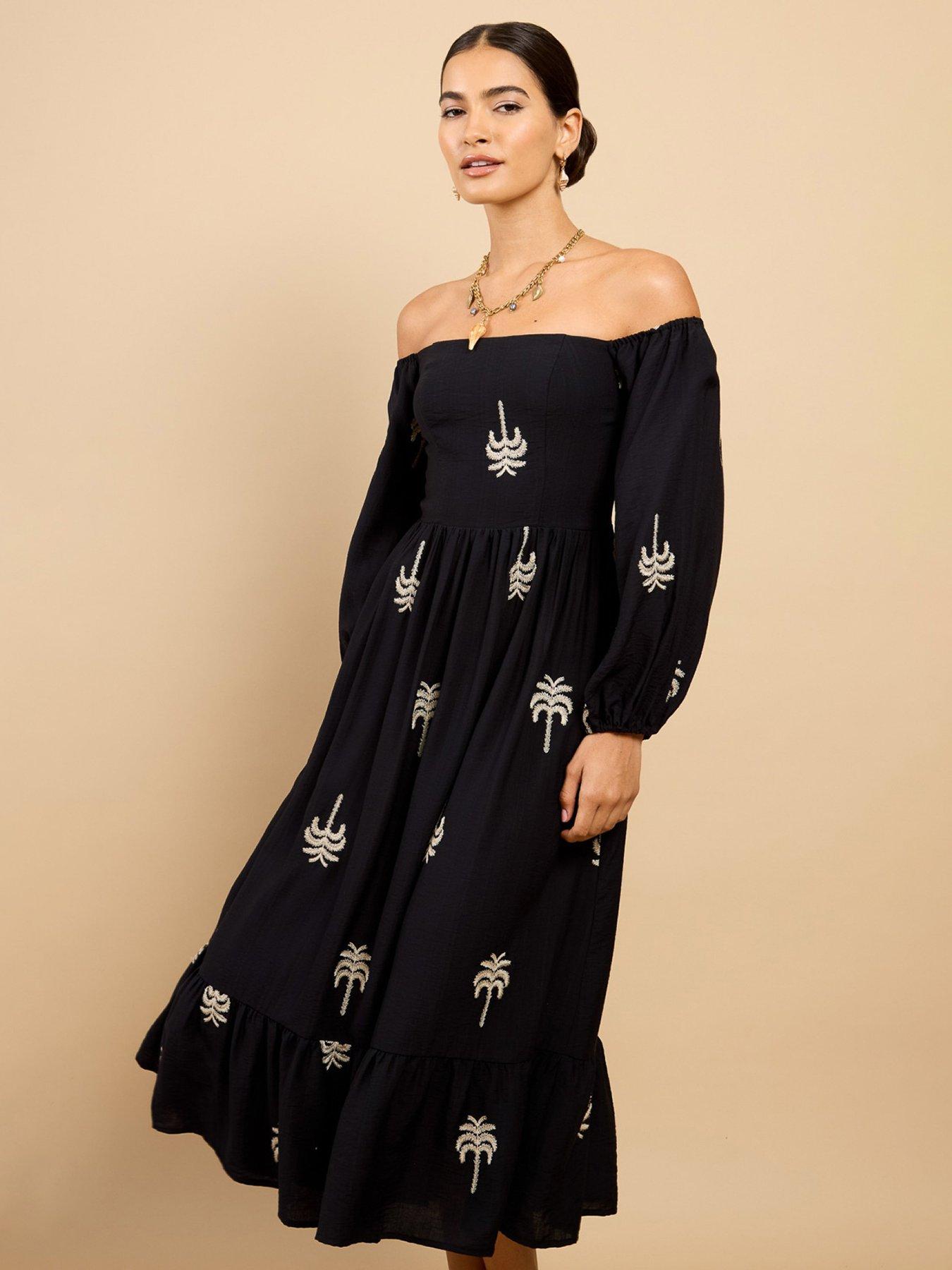 Image 3 of 4 of Little Mistress Embroidered Bardot Midaxi Dress - Black
