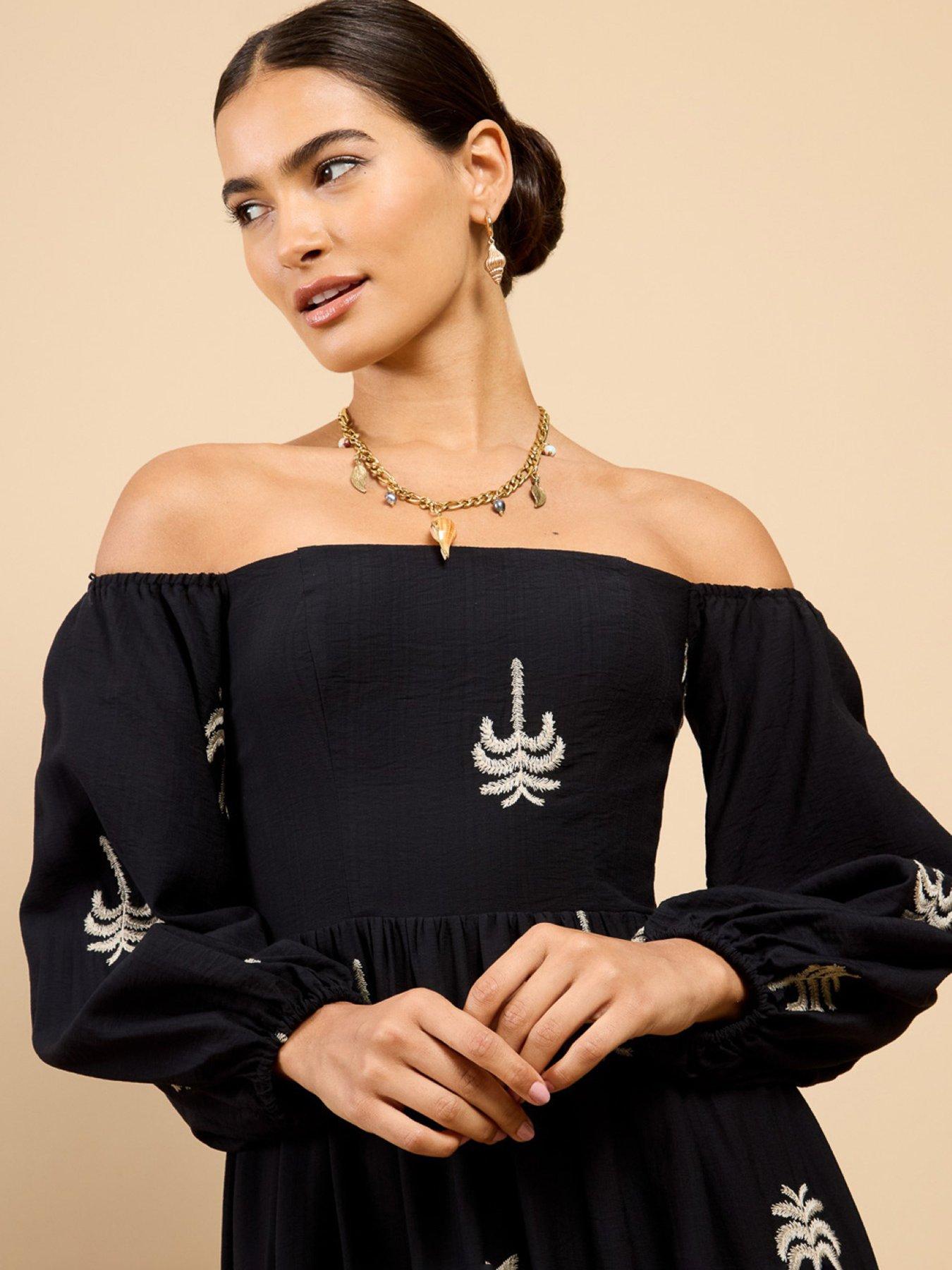 Image 4 of 4 of Little Mistress Embroidered Bardot Midaxi Dress - Black