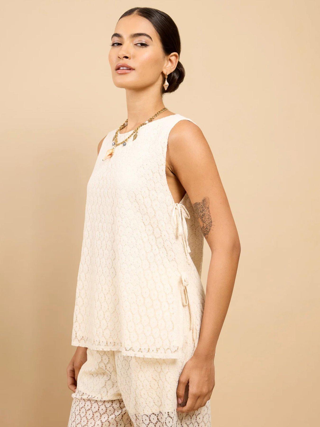 Little Mistress Cream Lace Bow Detail Top