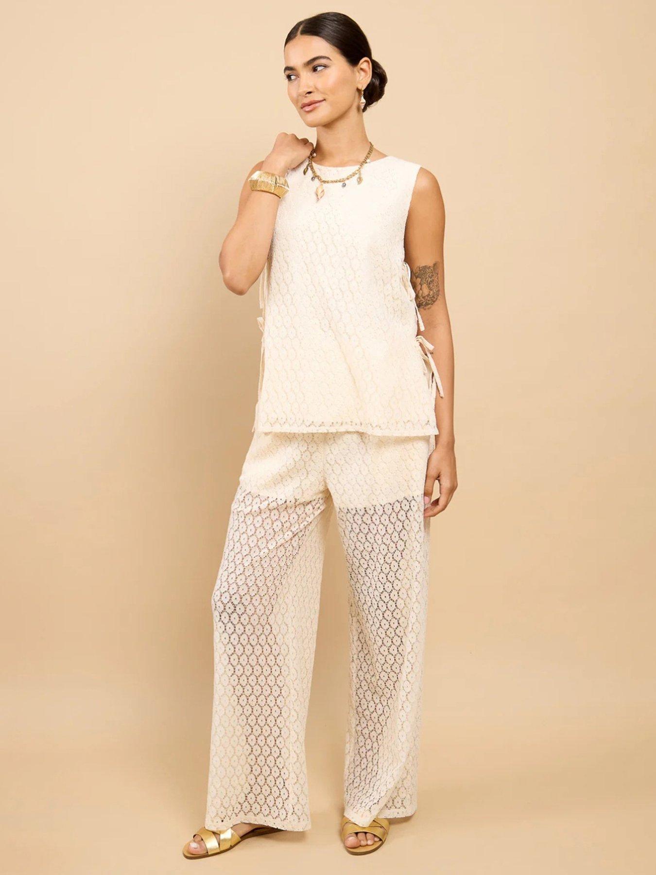 Little Mistress Cream Lace Wide Leg Trouser