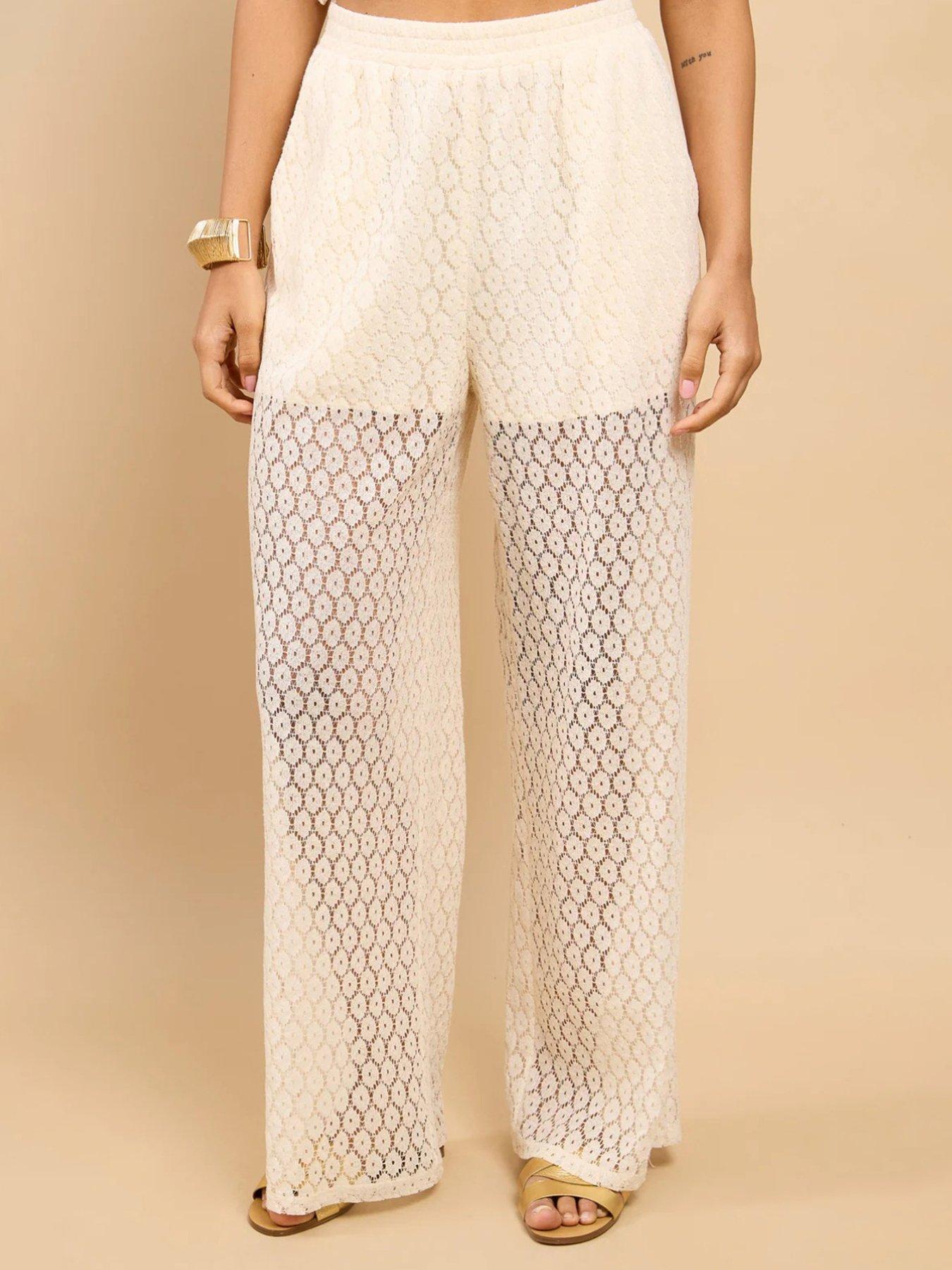 Image 3 of 4 of Little Mistress Cream Lace Wide Leg Trouser