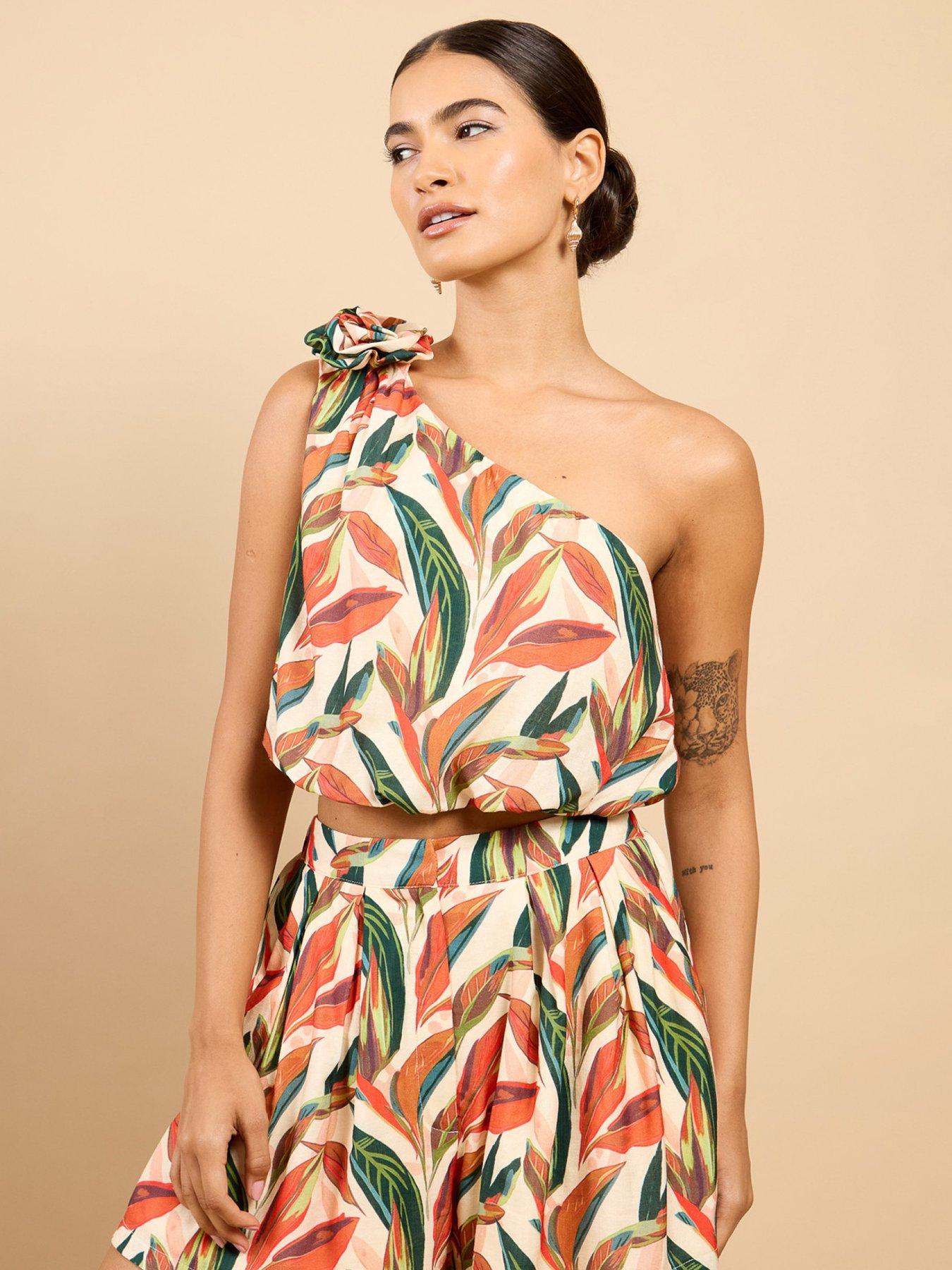 Little Mistress Leaf Print One Shoulder Cropped Co-ord Top