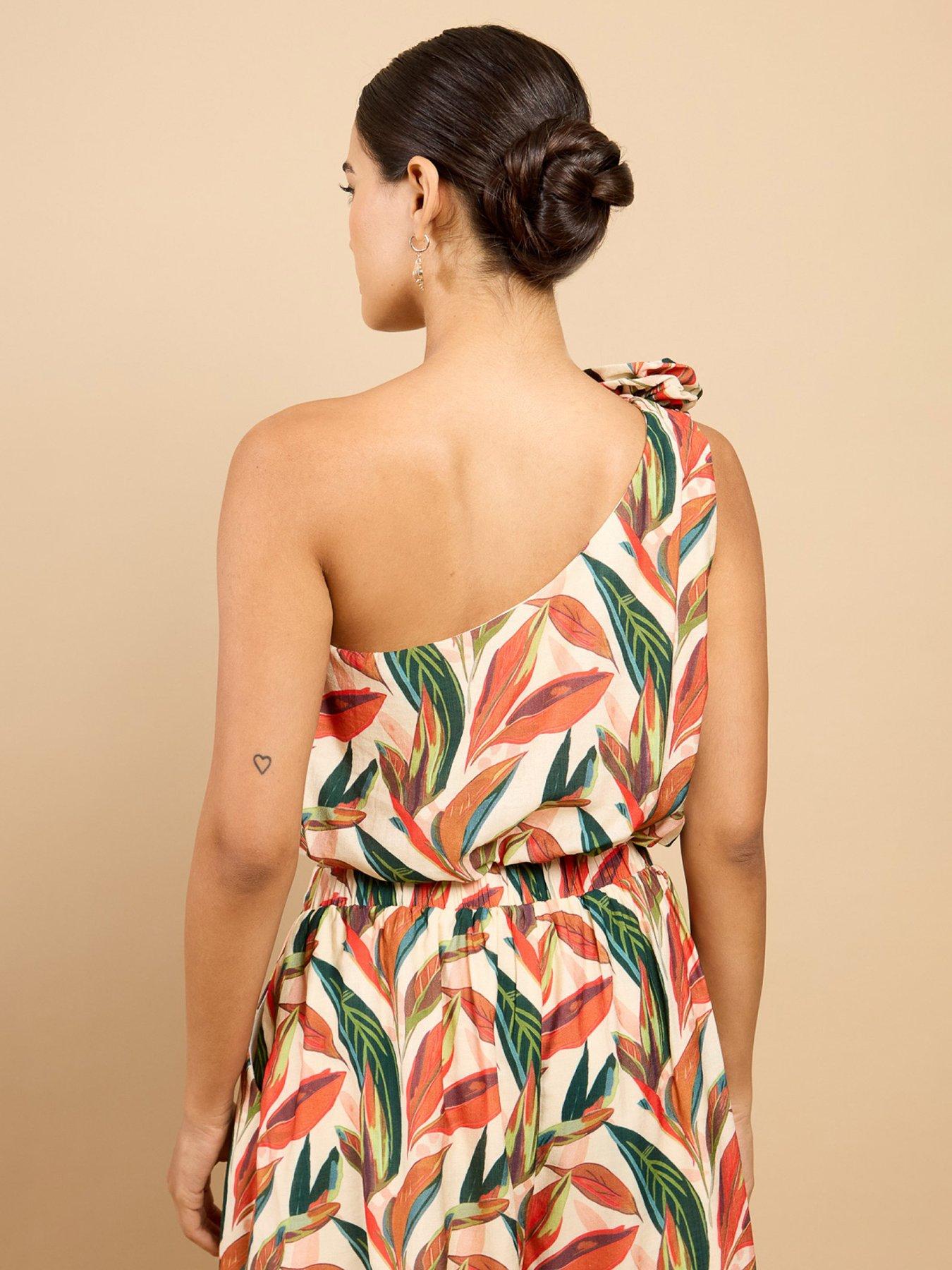 Image 2 of 4 of Little Mistress Leaf Print One-shoulder Cropped Top