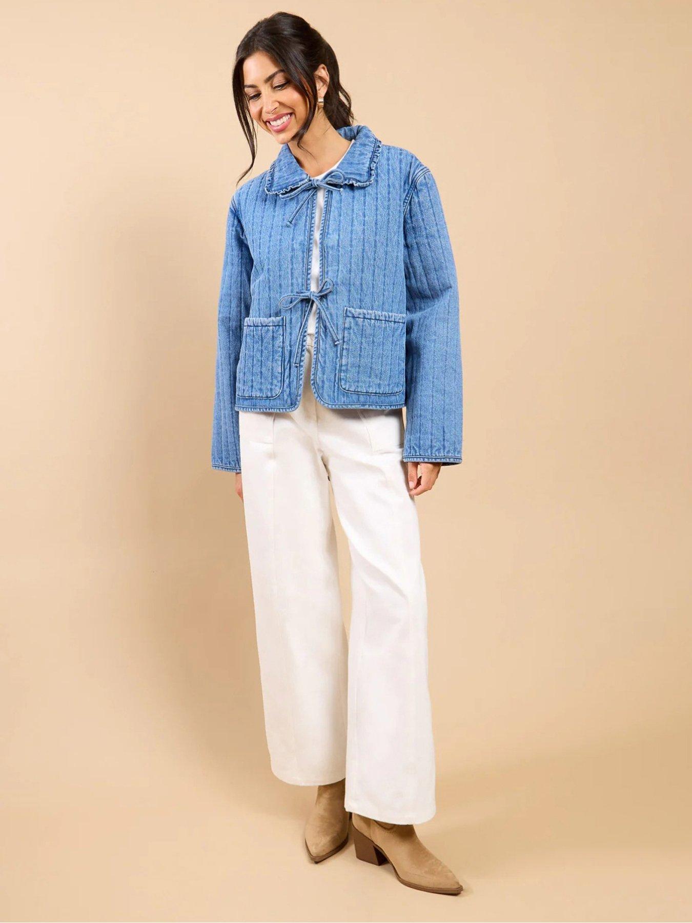 Little Mistress Denim Quilted Tie Detail Jacket - Blue