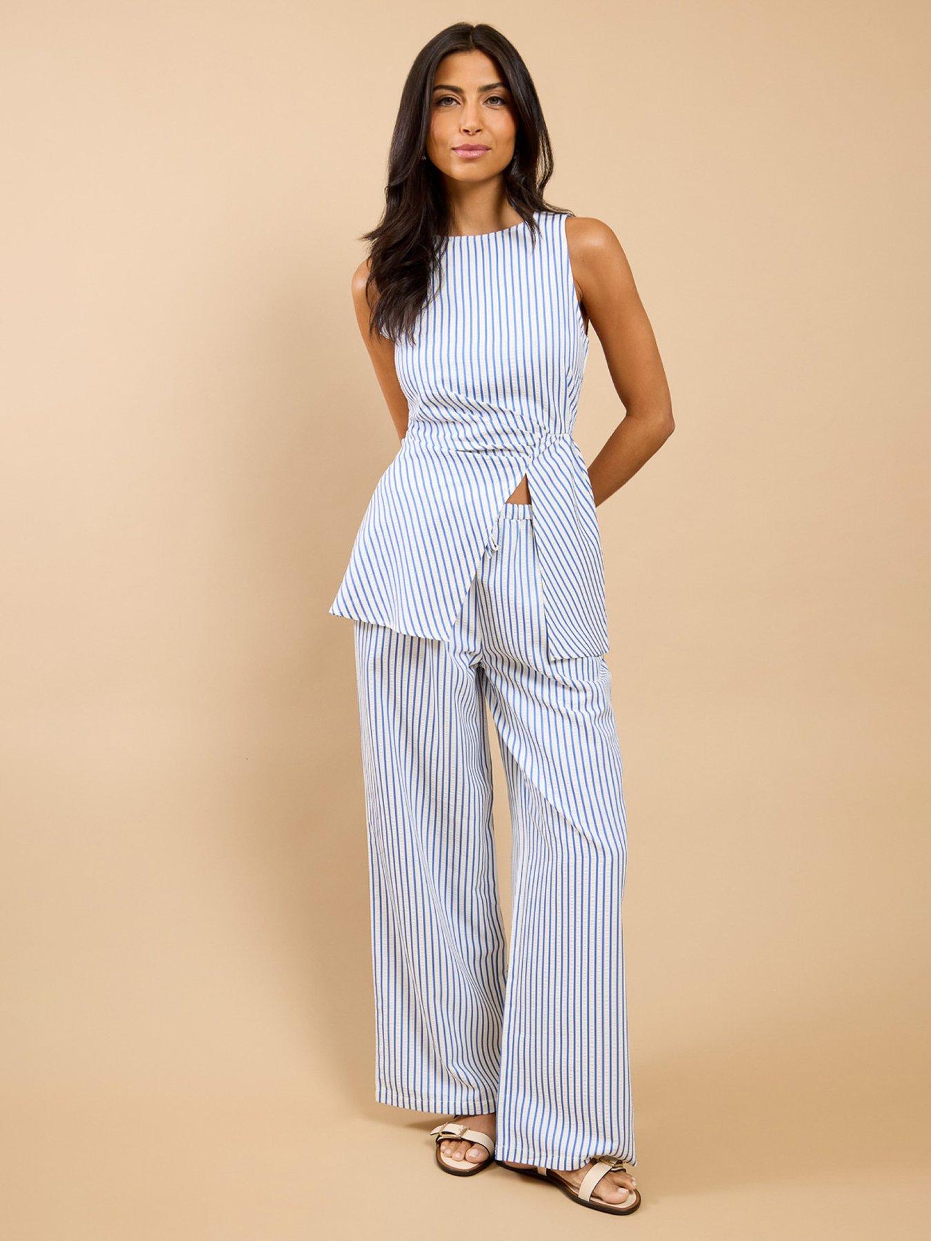 Image 1 of 4 of Little Mistress Stripe Wide Leg Trousers - Blue