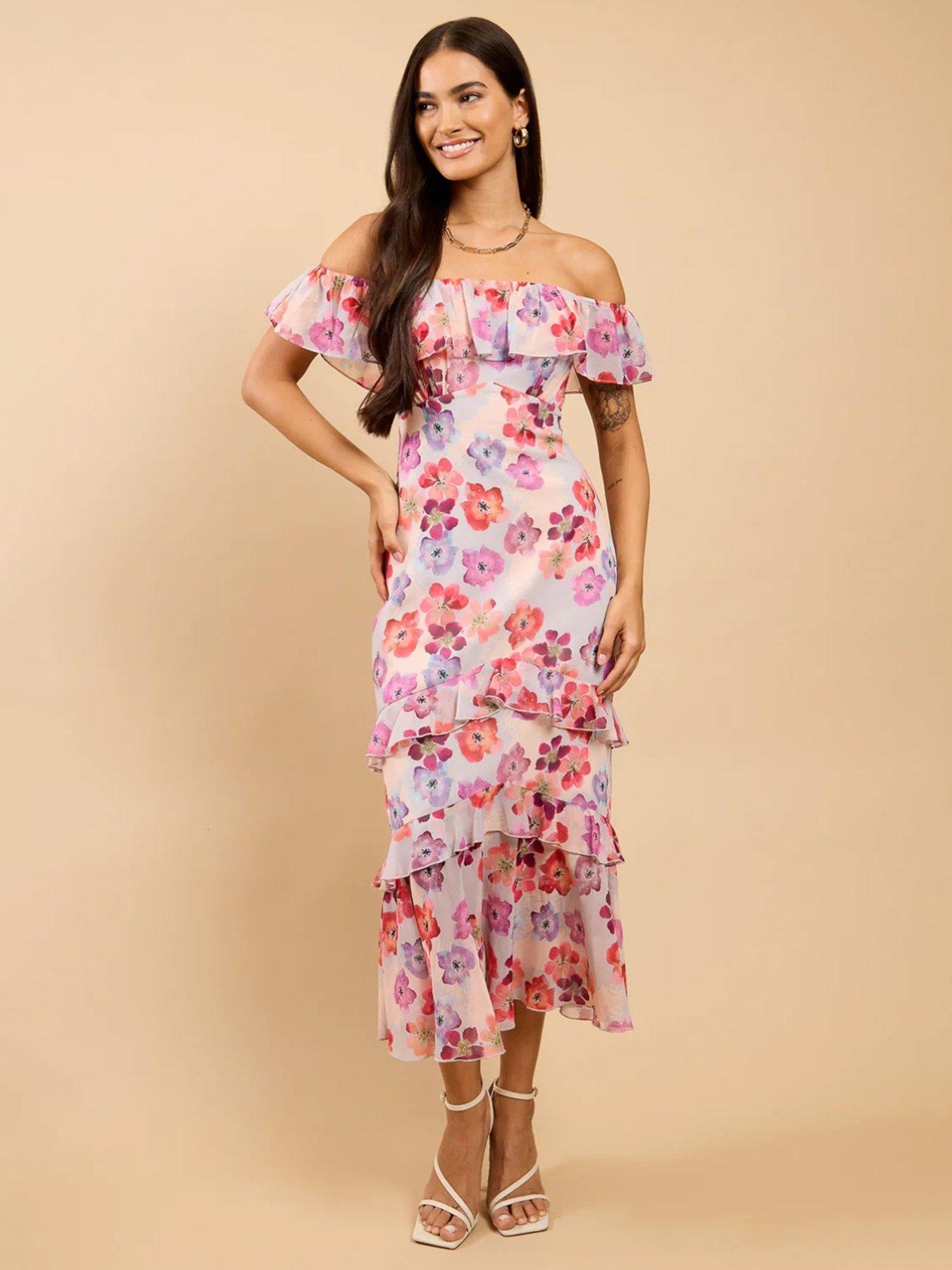 Little Mistress Floral Print Ruffle Bardot Midaxi Dress