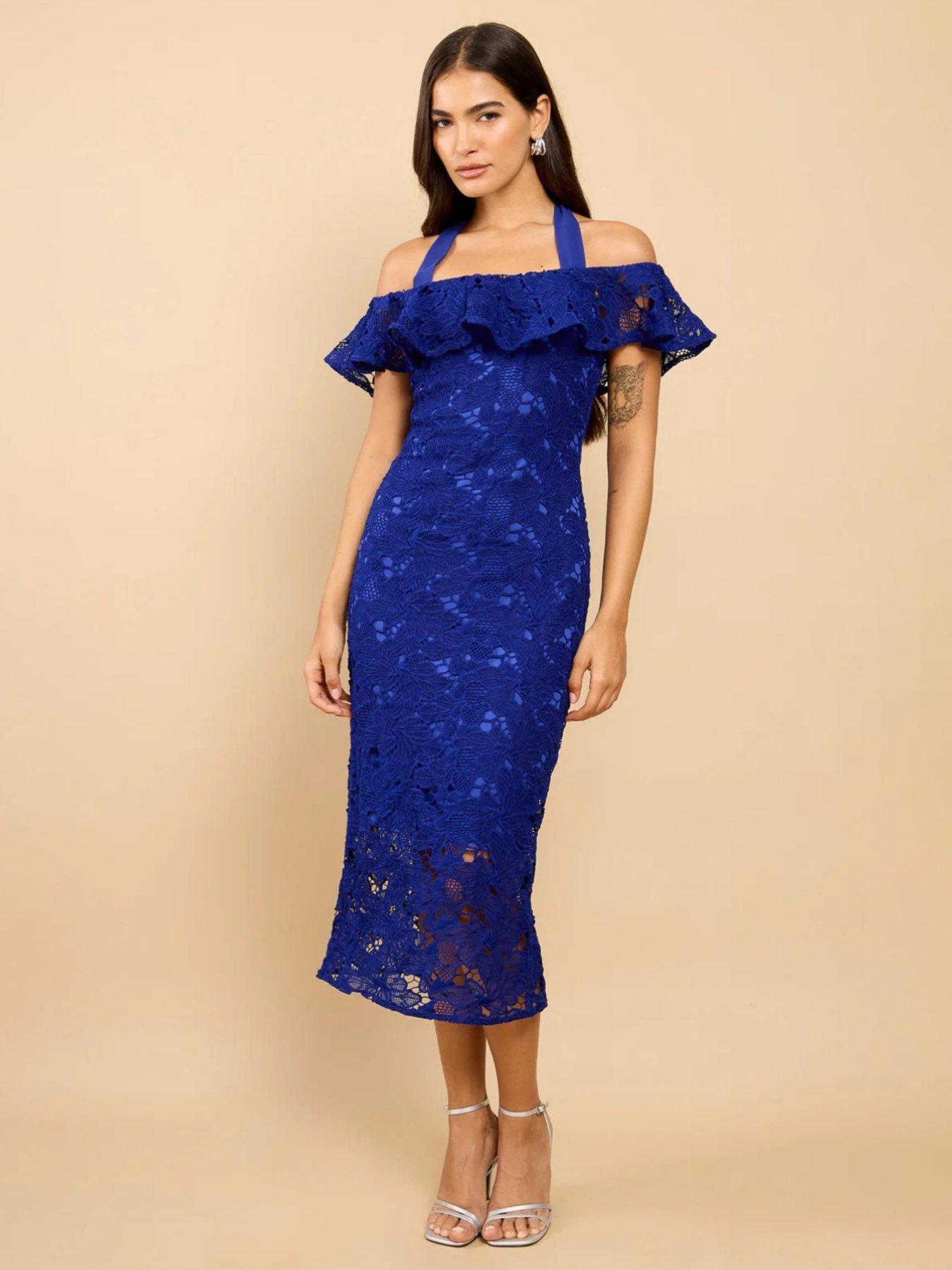 bardot lace midi crochet dress Chi Chi London Women's Bardot Lace Midi Crochet Dress in Blue 10